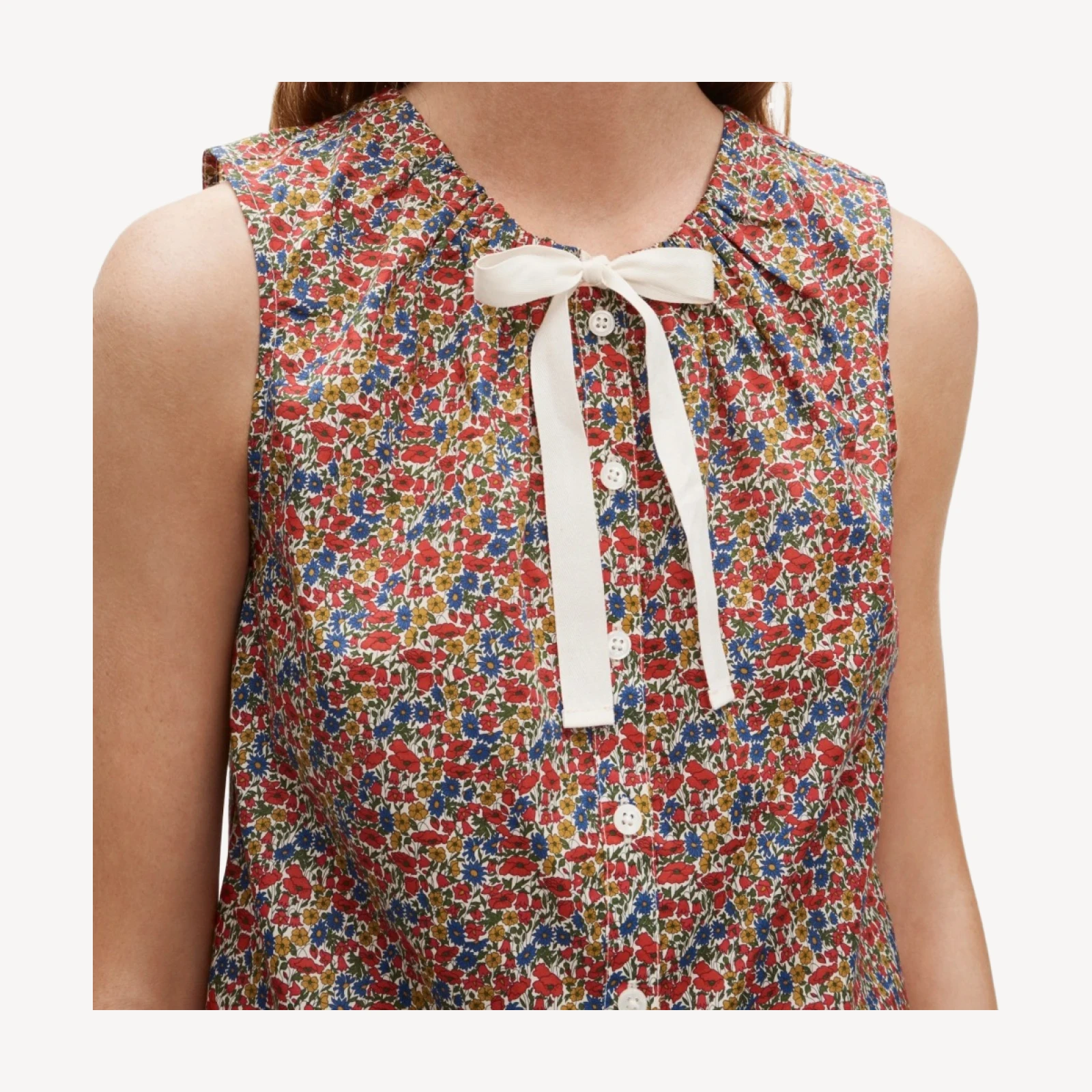 Tie-neck button-up tank top in Liberty® floral fabric