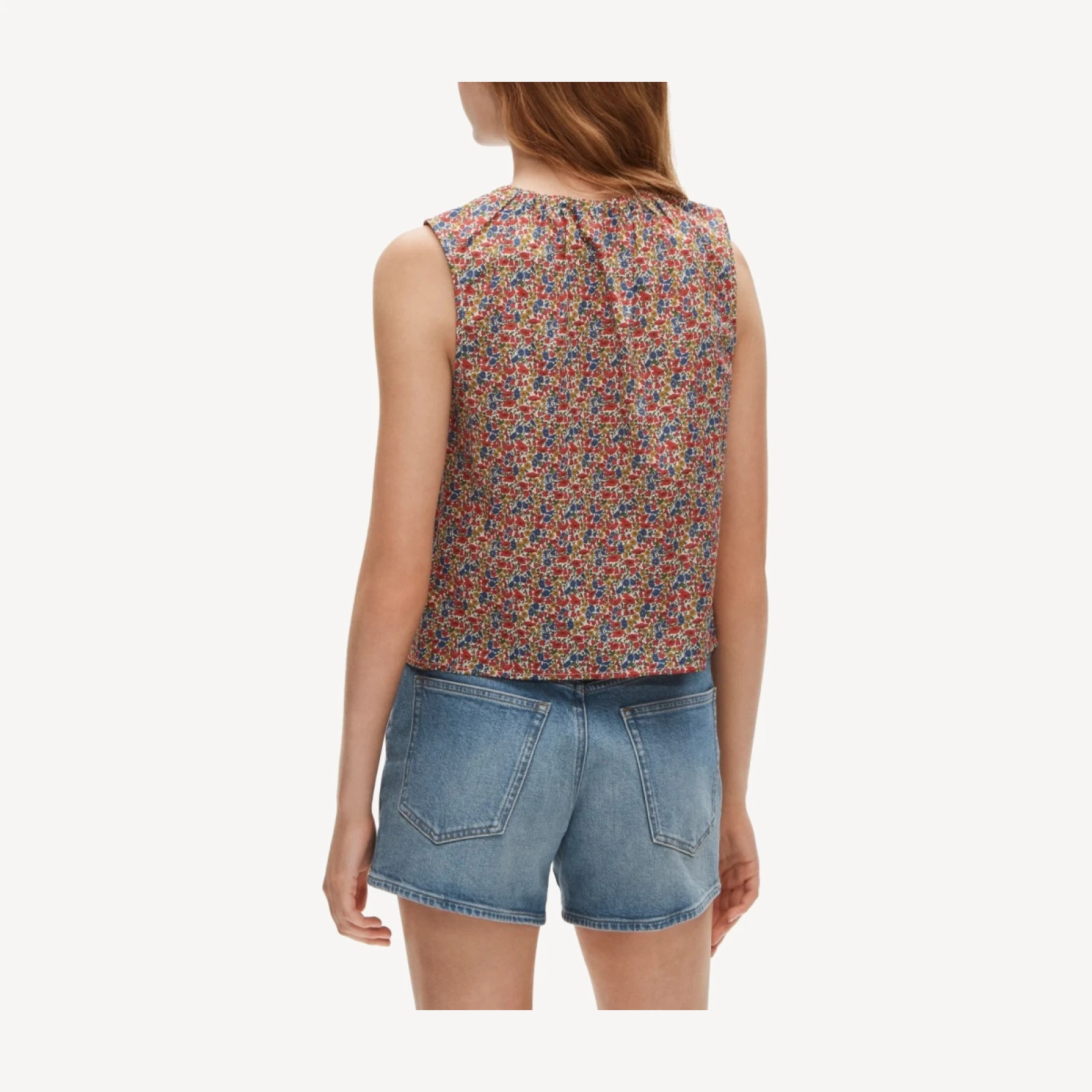 Tie-neck button-up tank top in Liberty® floral fabric