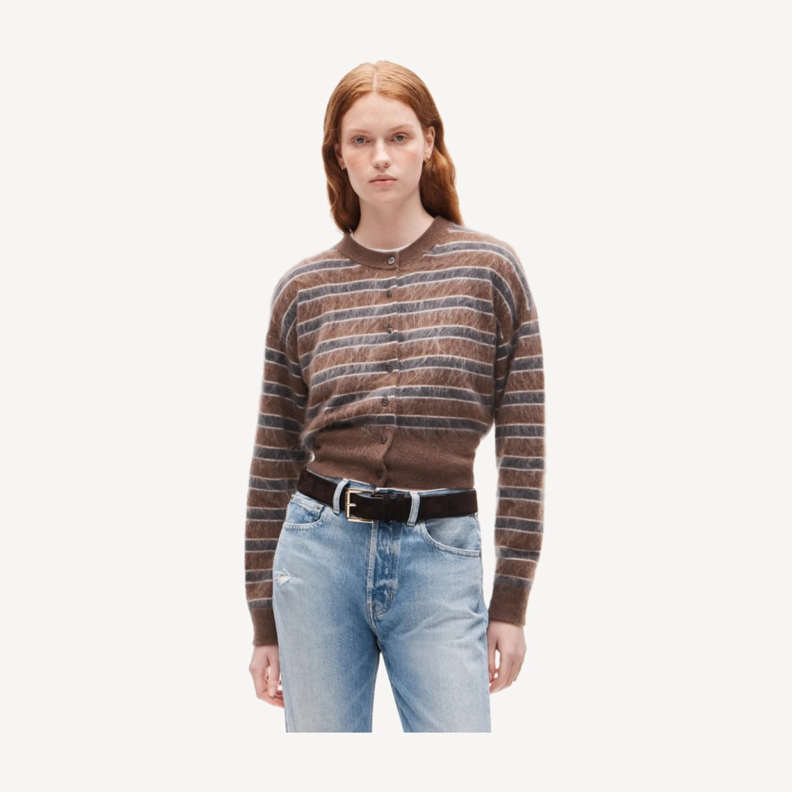 Brushed cashmere waisted cardigan in stripe