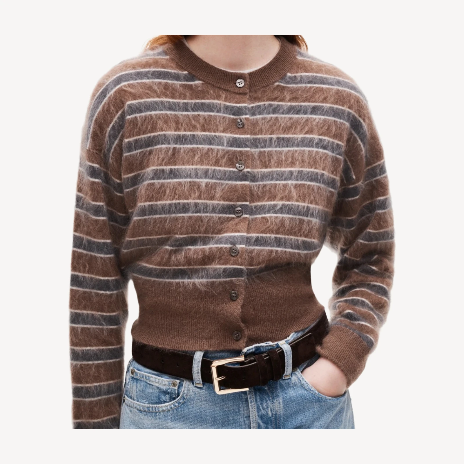 Brushed cashmere waisted cardigan in stripe
