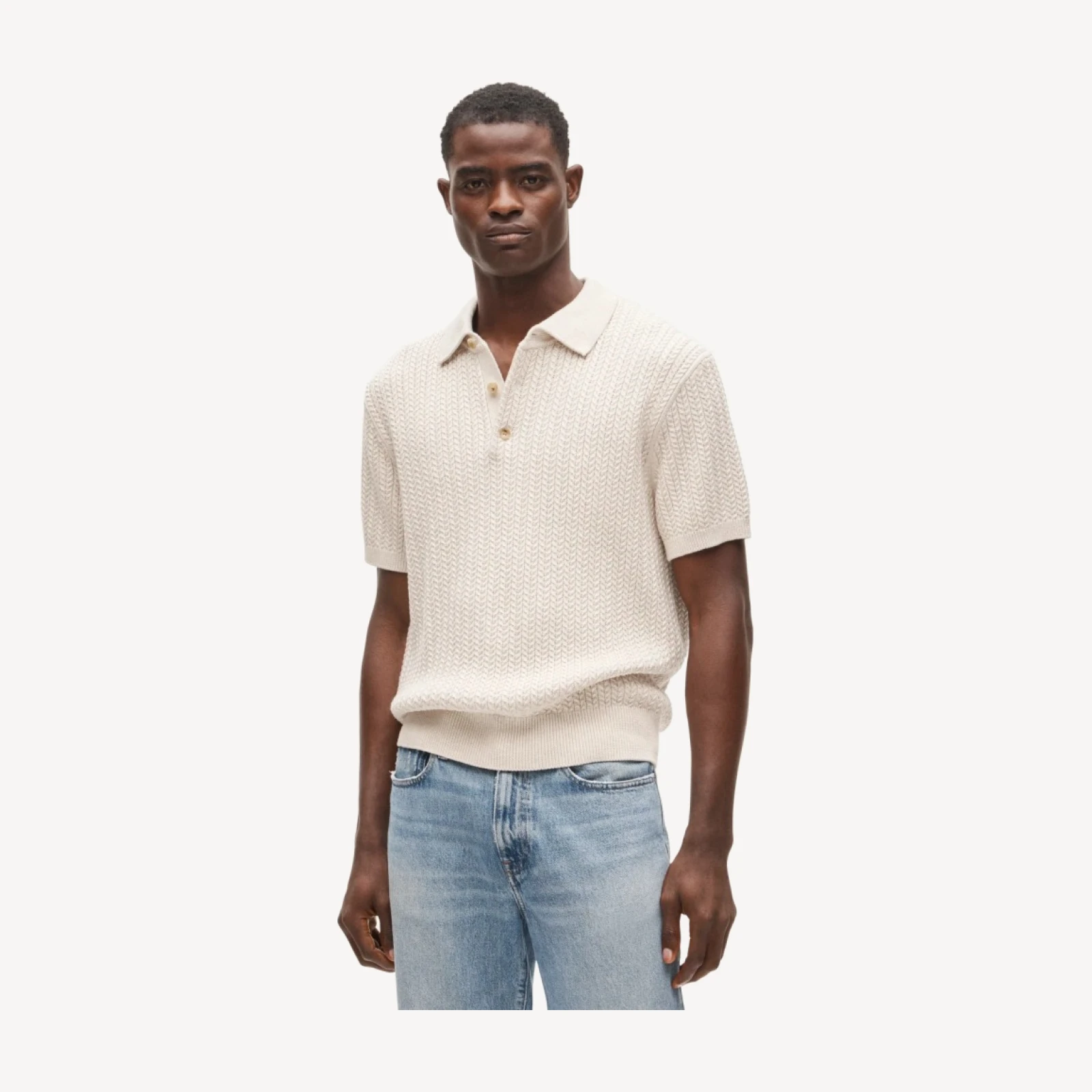 Short-sleeve cable-knit cotton sweater-polo