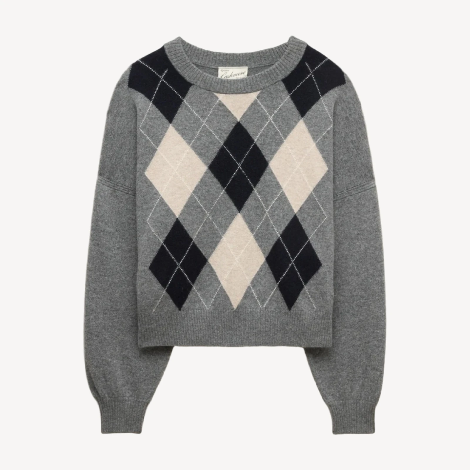 Cashmere blouson-sleeve sweater in argyle