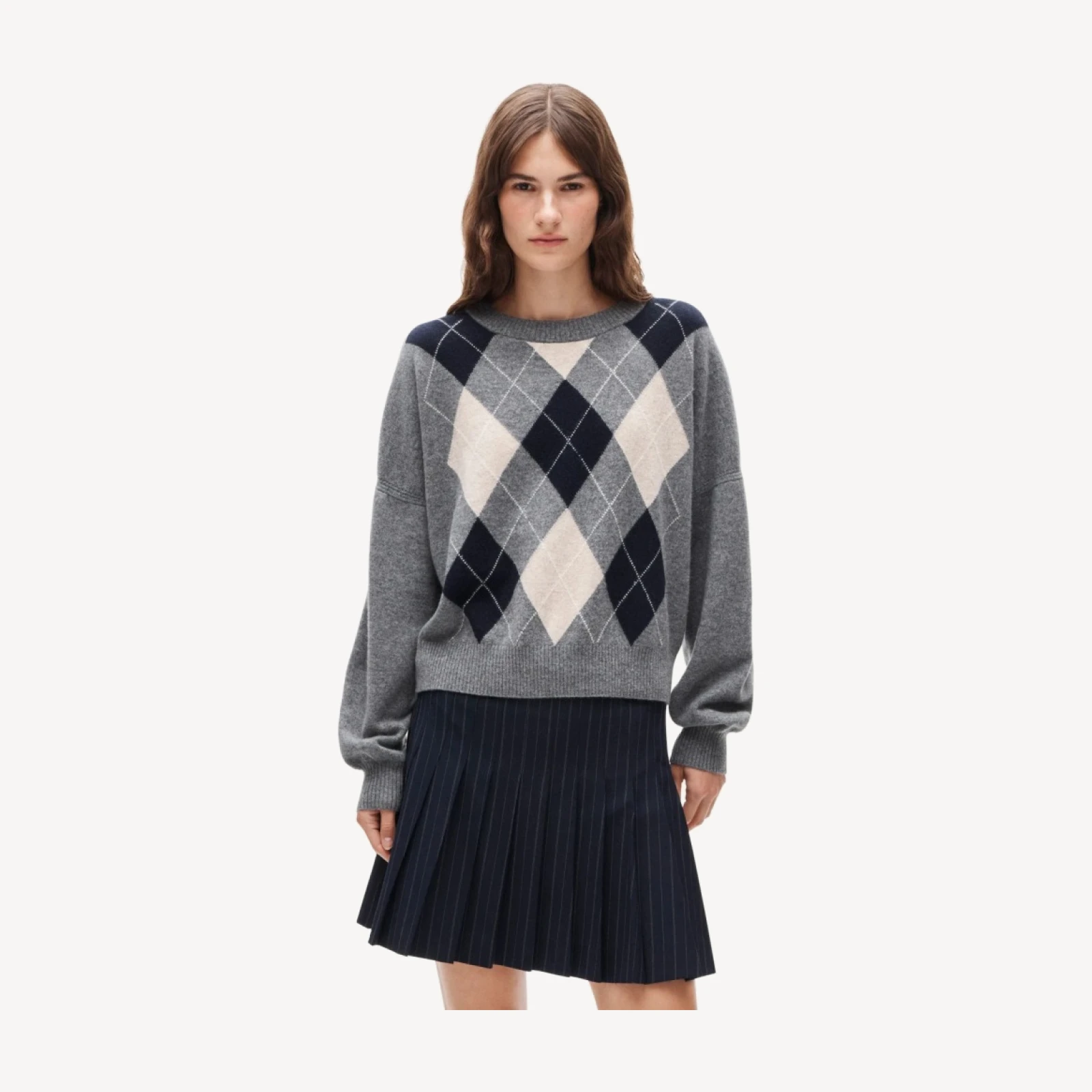 Cashmere blouson-sleeve sweater in argyle