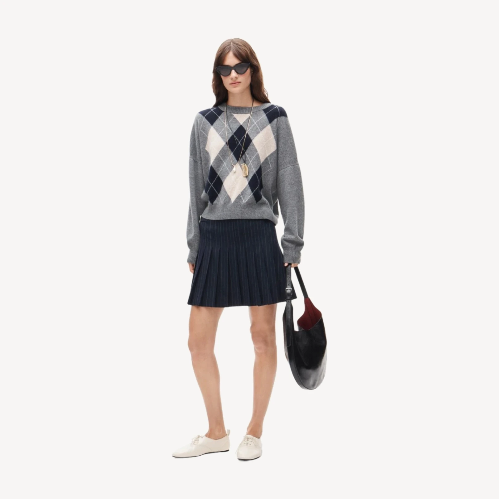 Cashmere blouson-sleeve sweater in argyle