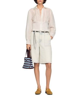 Sandro Judia Smocked Linen Blend Shirt