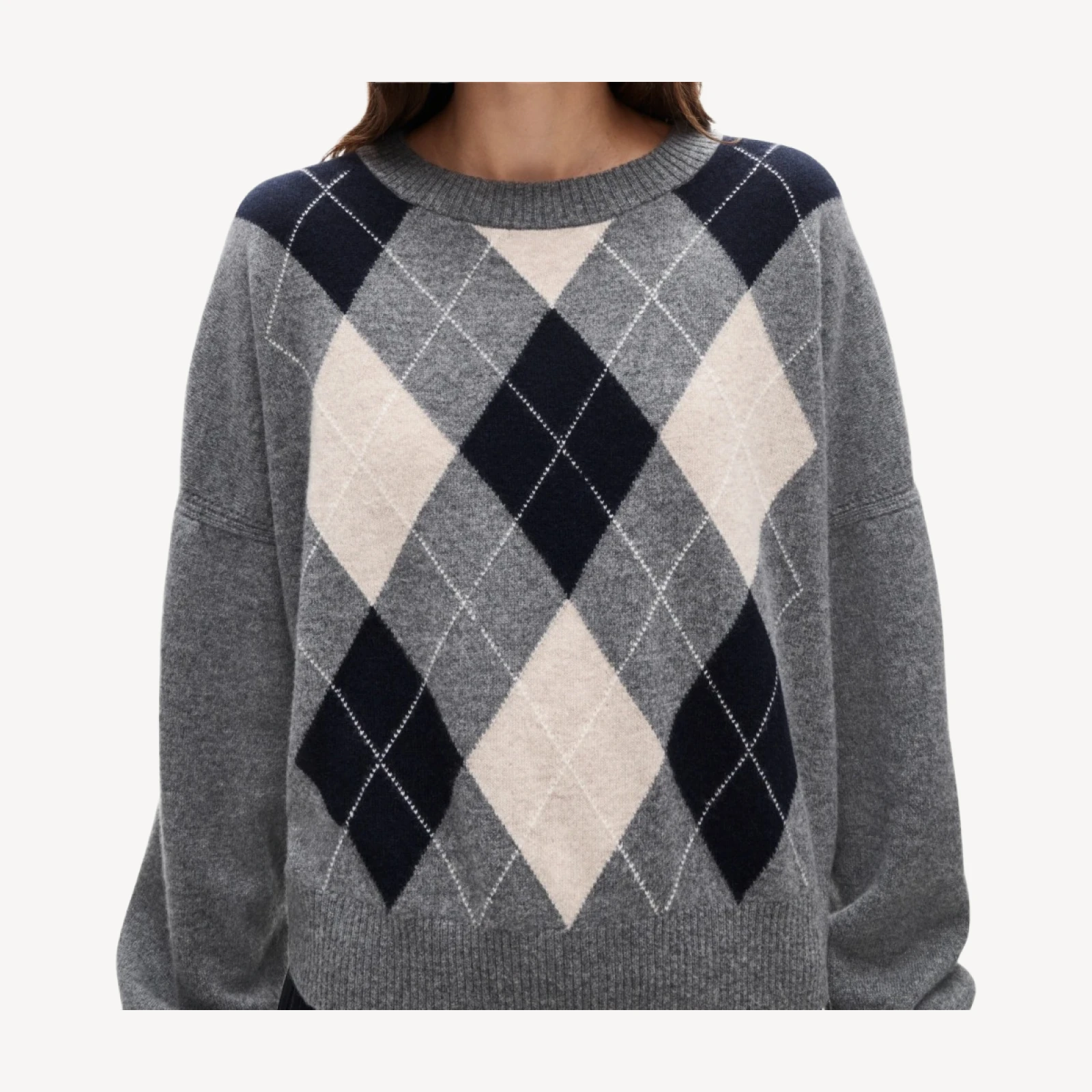 Cashmere blouson-sleeve sweater in argyle