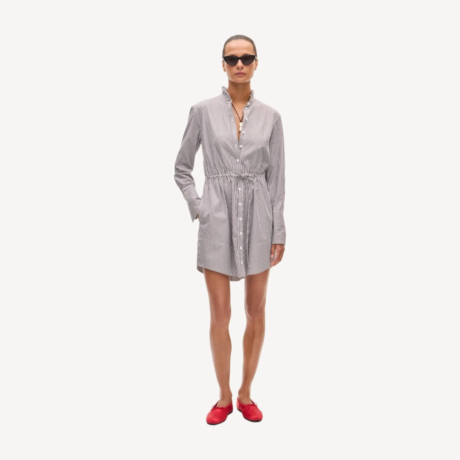 Ruffle-collar mini shirt-dress in striped Greenwich poplin