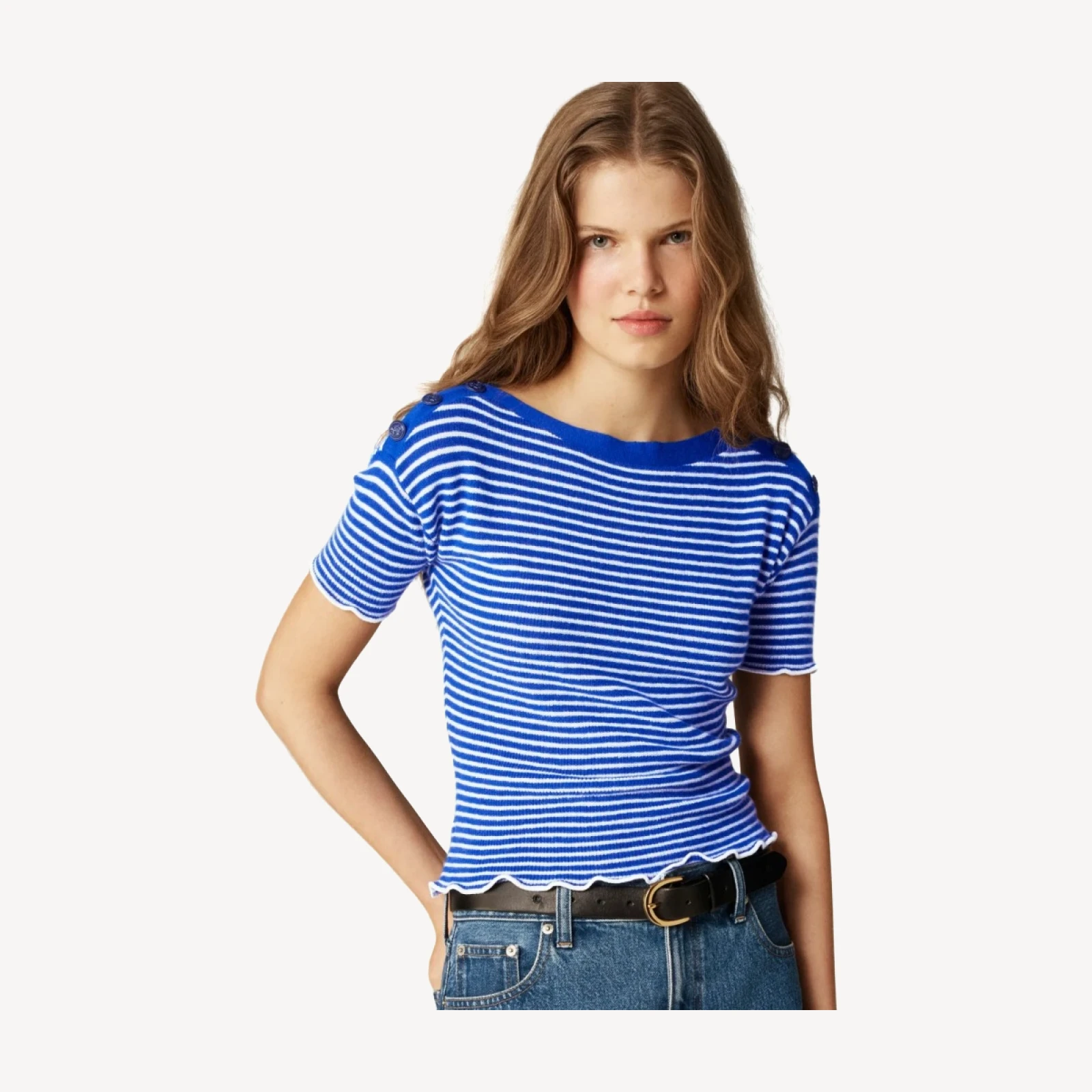 Featherweight cashmere ruffle-trim T-shirt in stripe