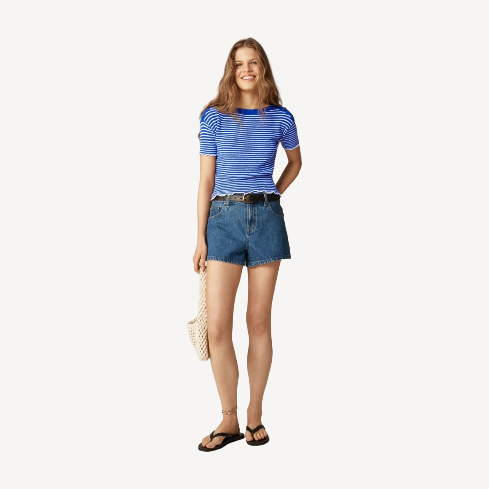 Featherweight cashmere ruffle-trim T-shirt in stripe