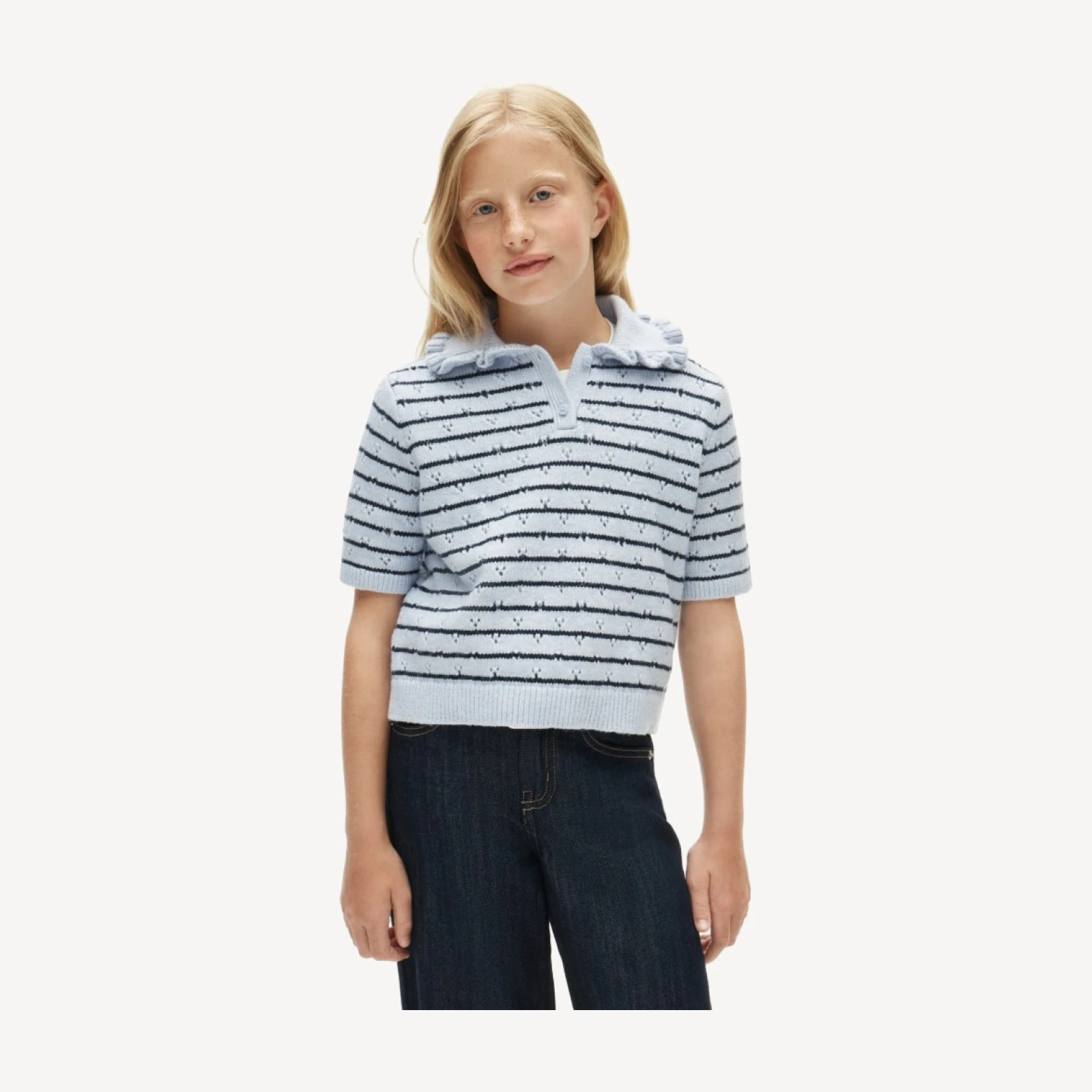 Girls' ruffle-collar sweater-polo in stripe