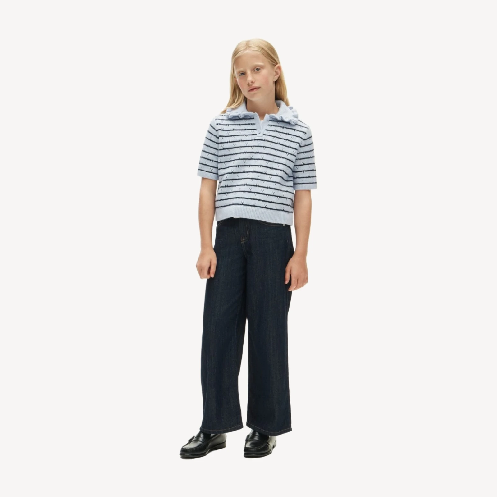 Girls' ruffle-collar sweater-polo in stripe