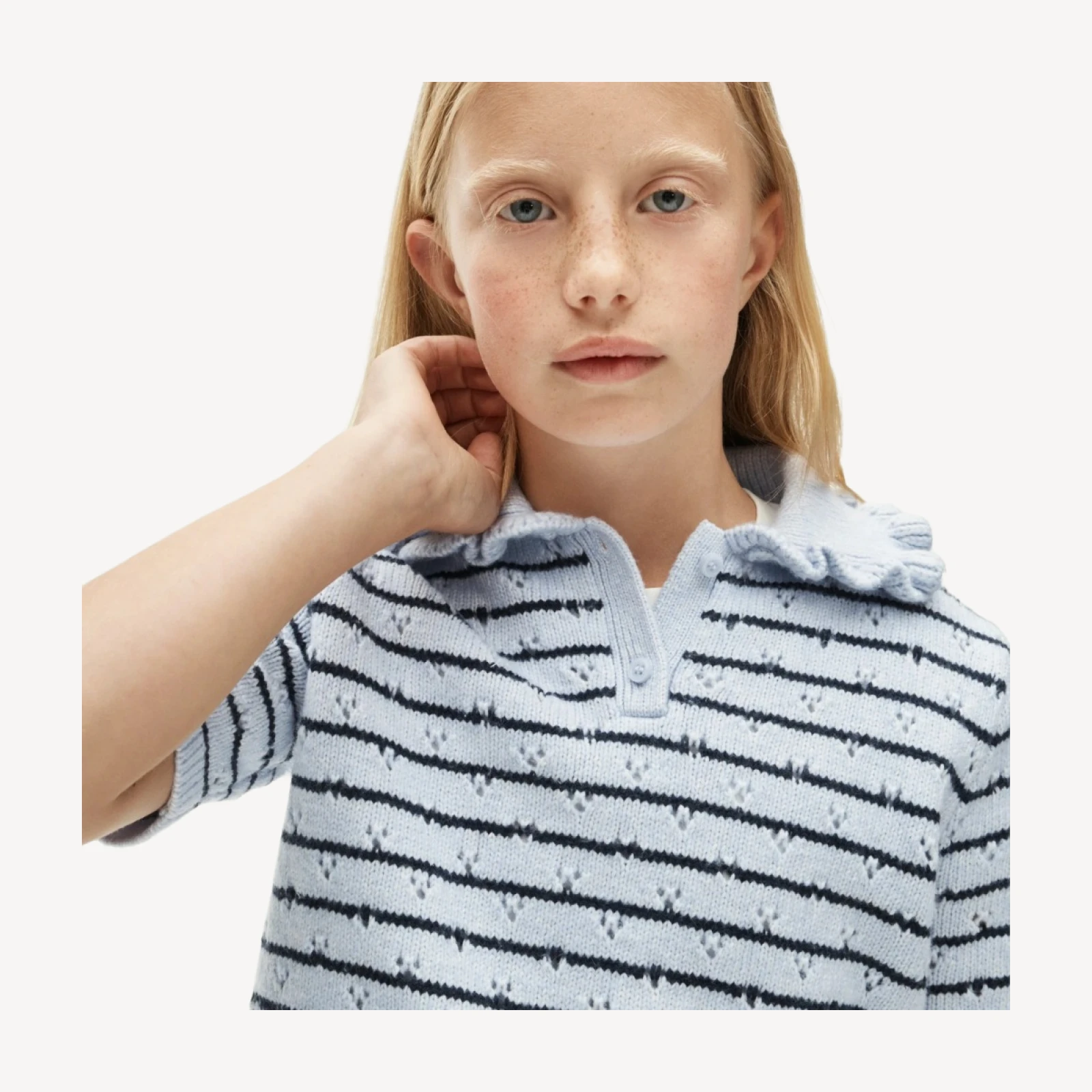 Girls' ruffle-collar sweater-polo in stripe