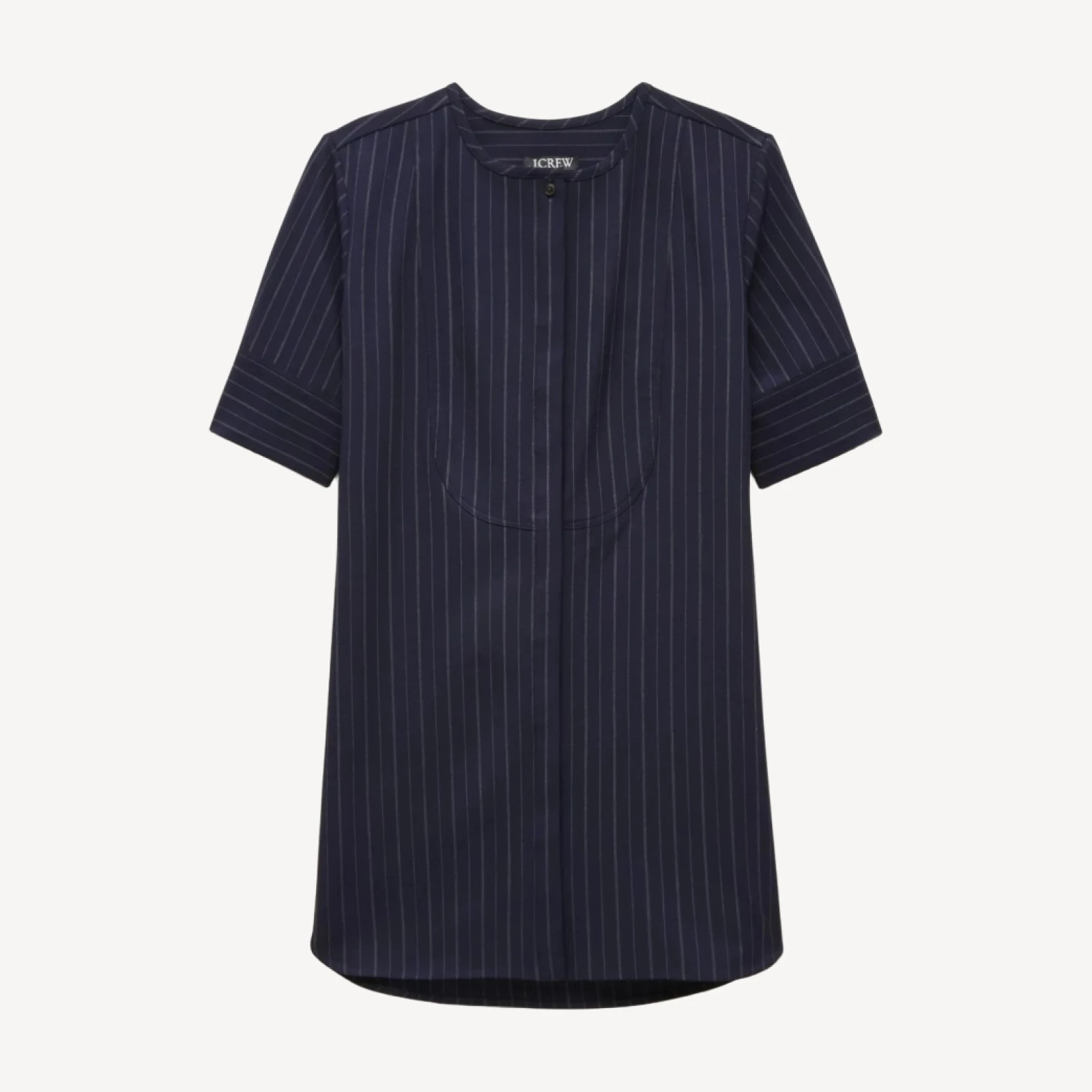 Tuxedo-bib tunic dress in pinstriped Gramercy suiting