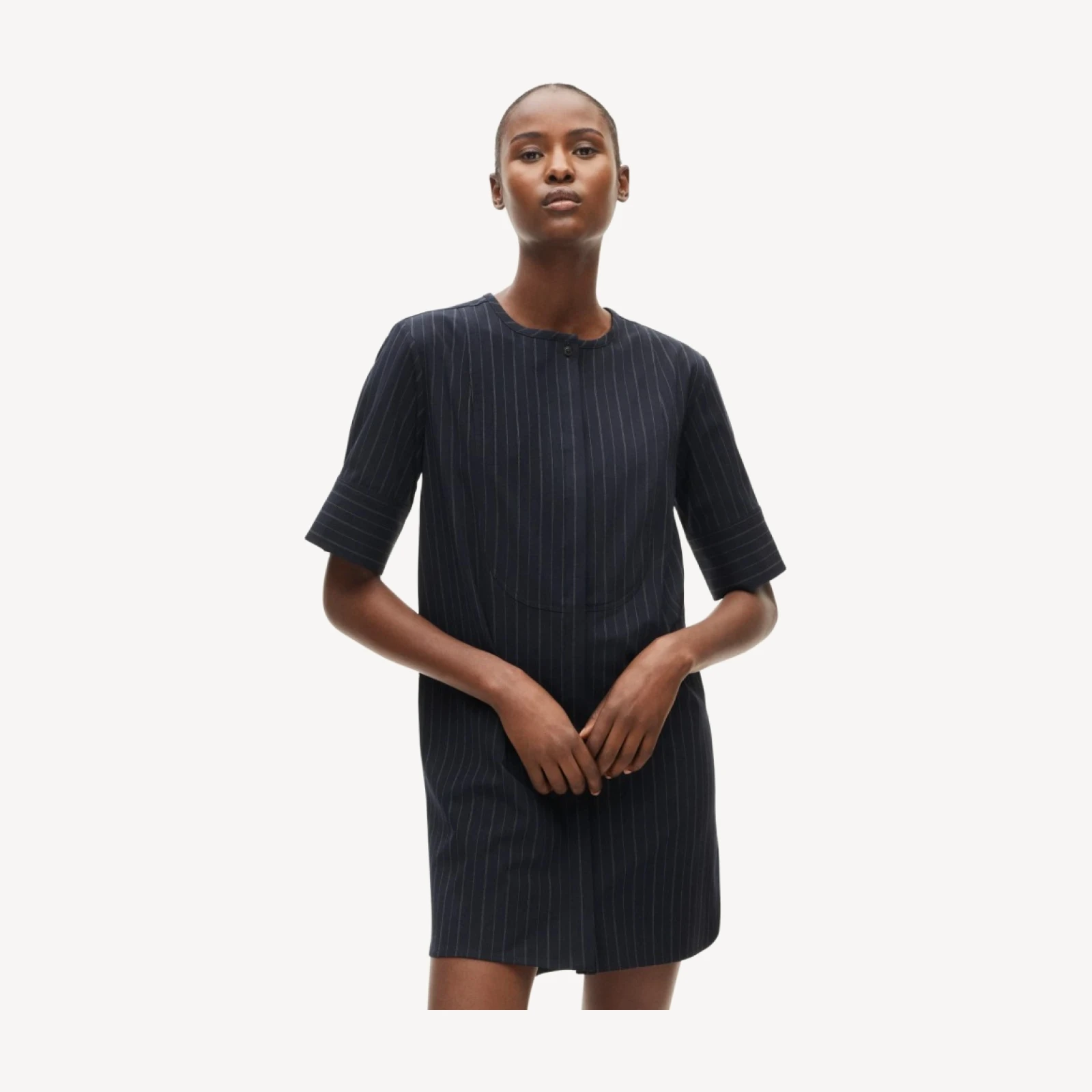 Tuxedo-bib tunic dress in pinstriped Gramercy suiting