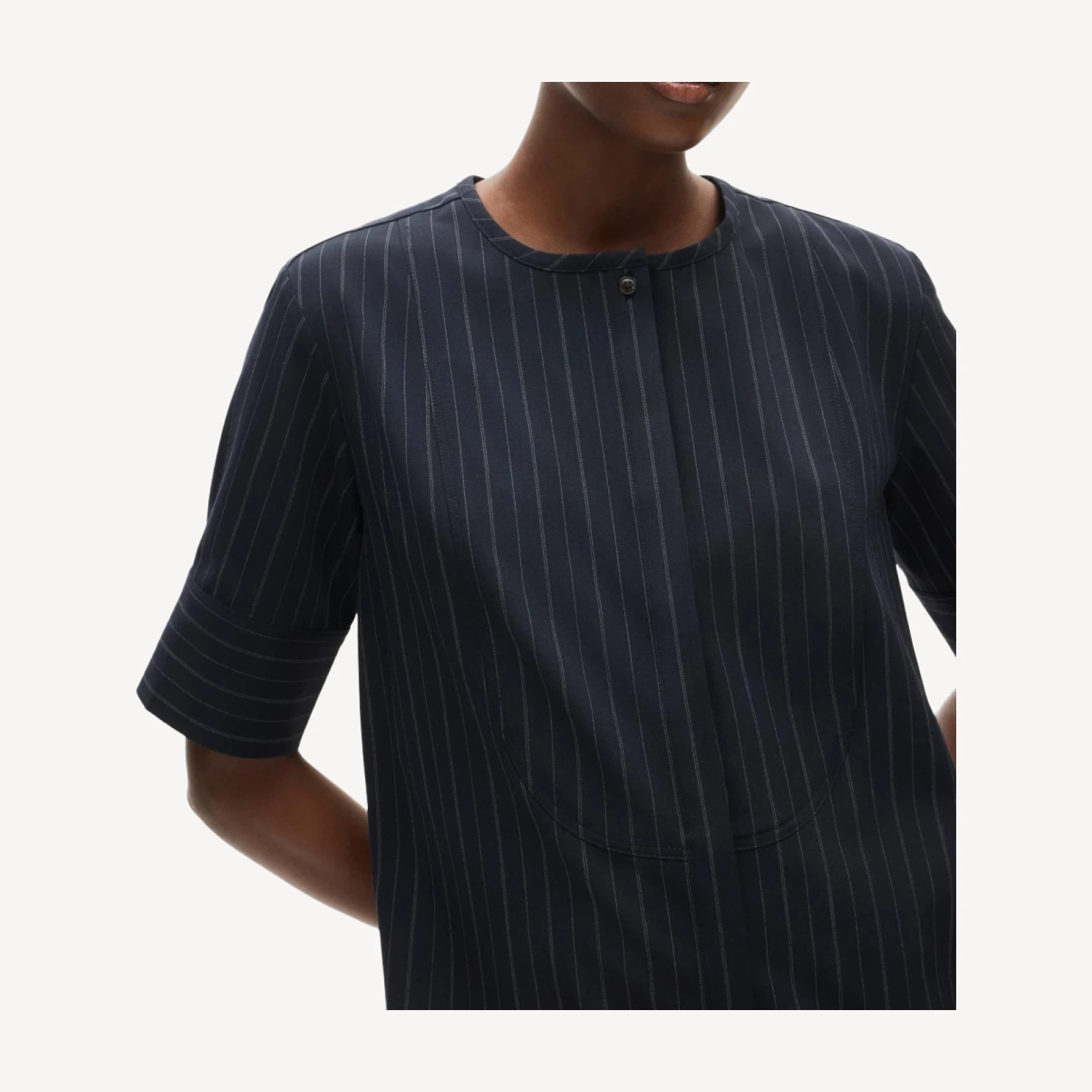 Tuxedo-bib tunic dress in pinstriped Gramercy suiting
