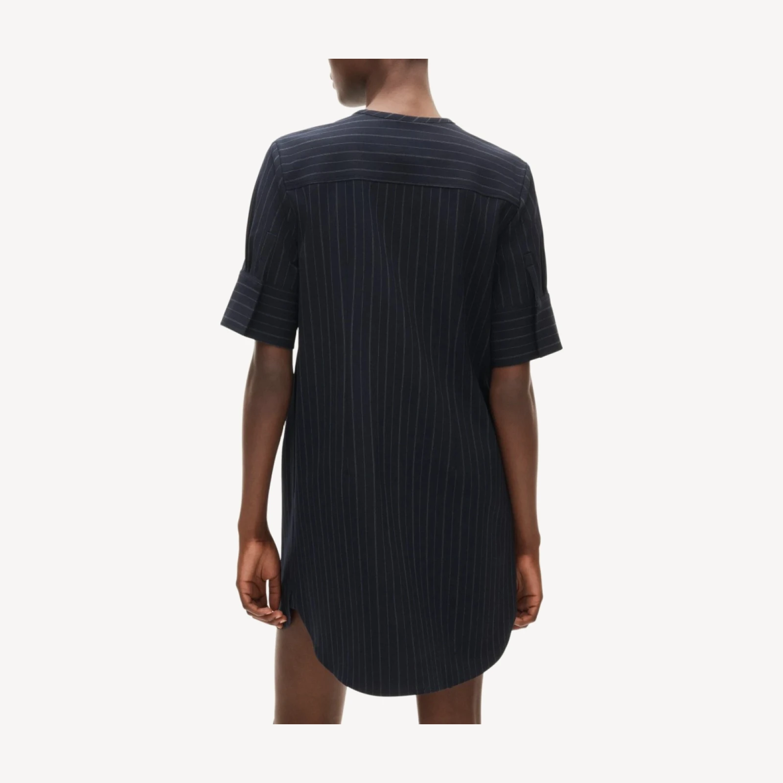 Tuxedo-bib tunic dress in pinstriped Gramercy suiting
