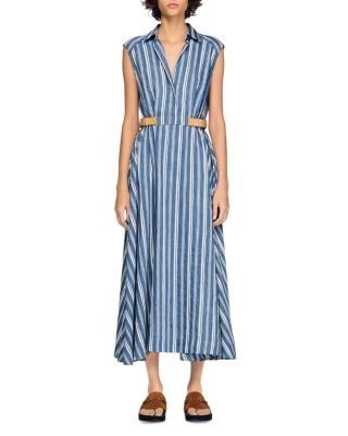 Sandro Striped Maxi Dress with Leather Tab