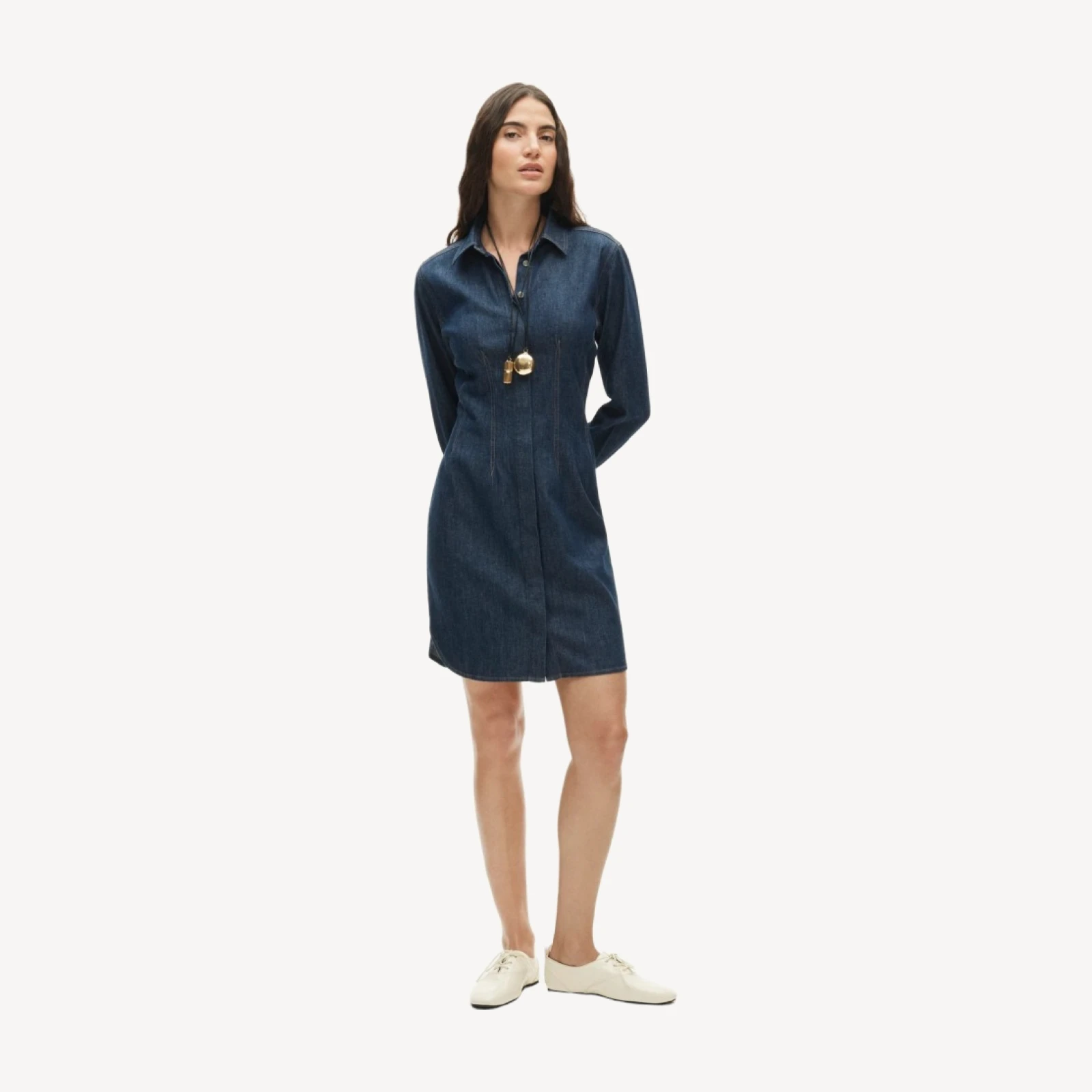Long-sleeve mini shirt-dress in denim