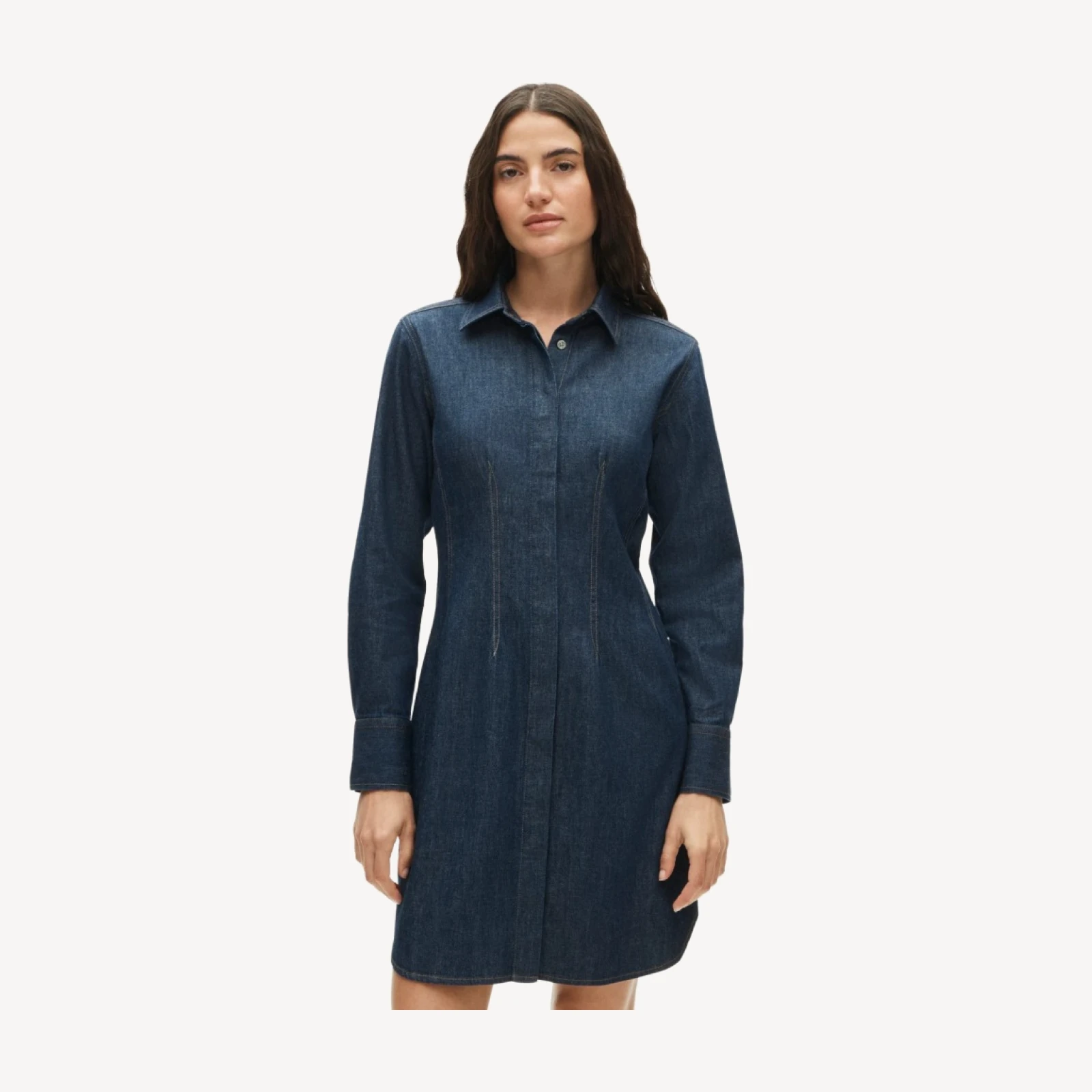 Long-sleeve mini shirt-dress in denim