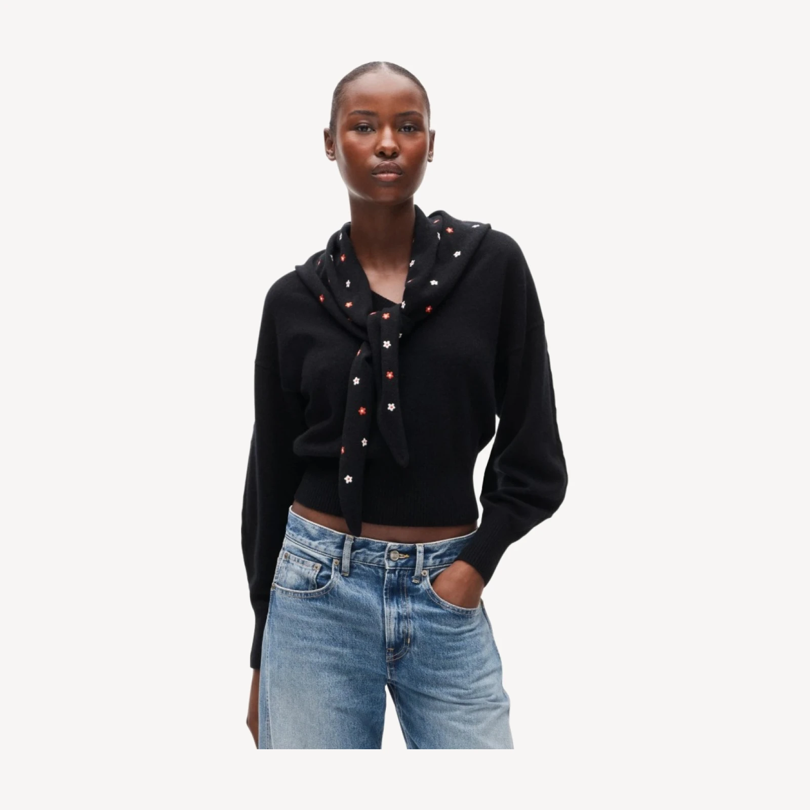 Cashmere V-neck sweater with removable embroidered scarf