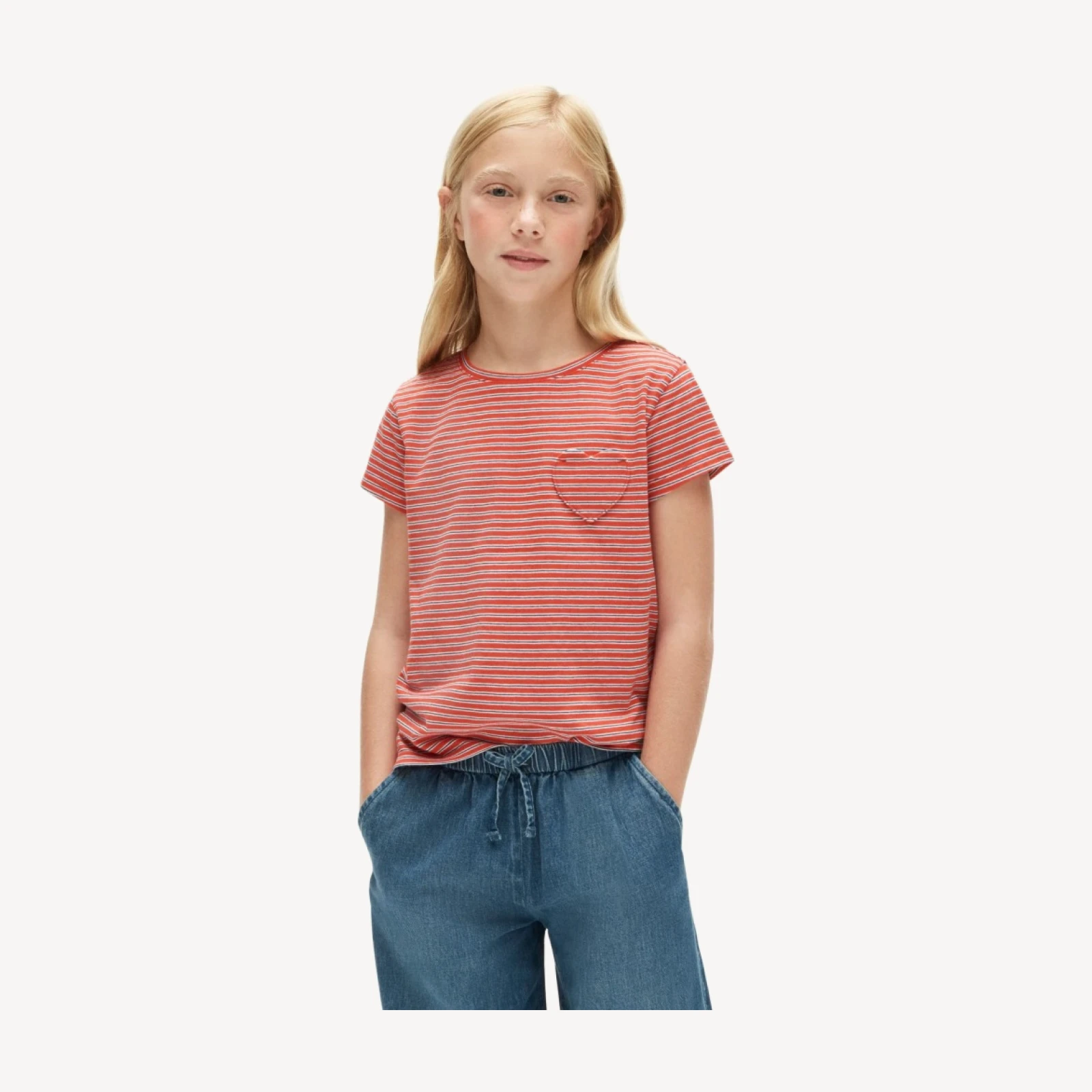 Girls' short-sleeve heart-pocket T-shirt in vintage jersey