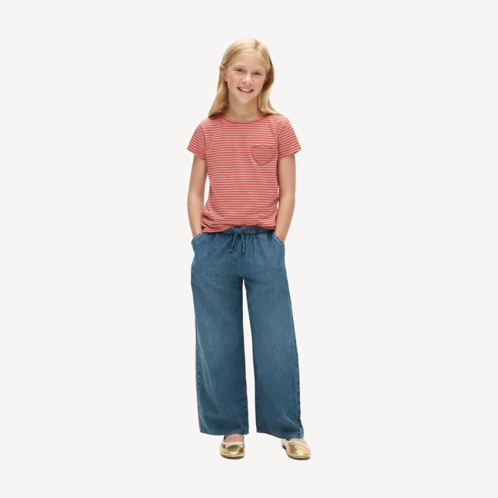 Girls' short-sleeve heart-pocket T-shirt in vintage jersey