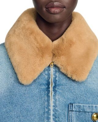 Sandro Cameron Cotton Denim Coat with Faux Fur Collar