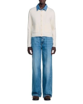 Sandro Miky Layered Look Denim Collar Cardigan