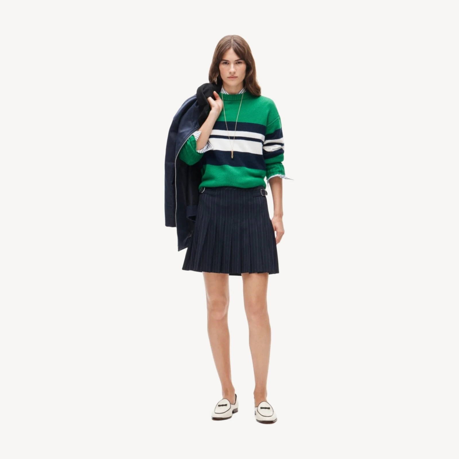 Ivy mini skirt in pinstriped Gramercy suiting