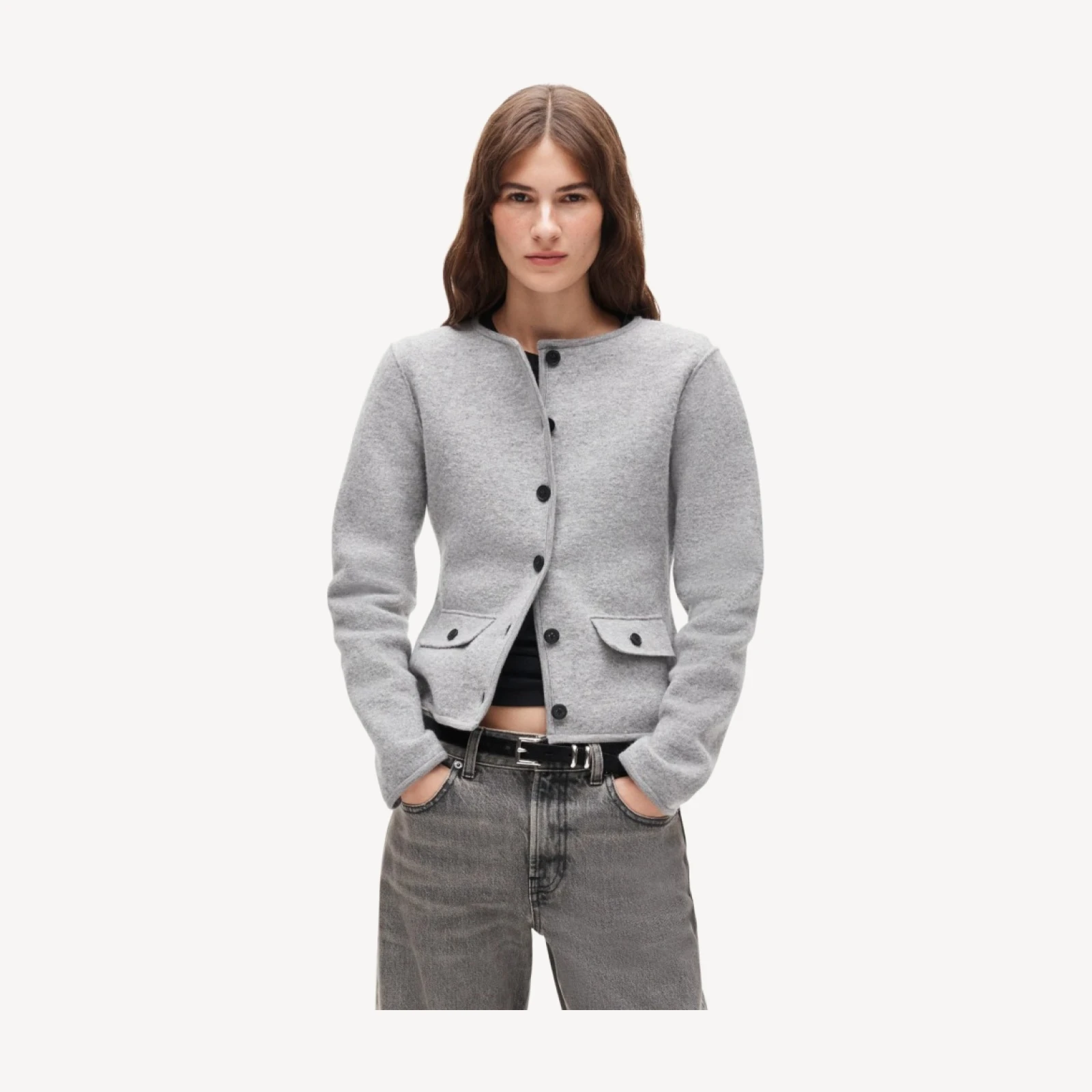 Boatneck sweater-jacket in boiled merino wool