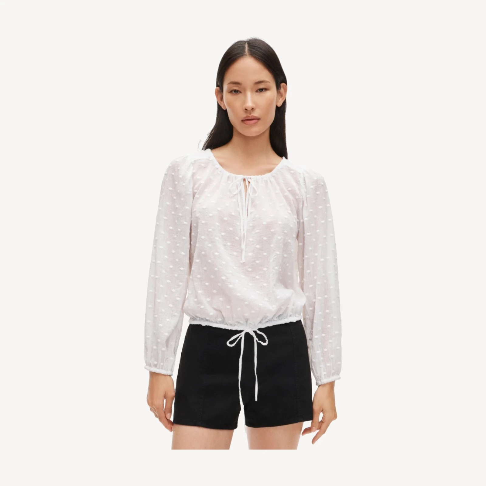 Drawstring-waist top in featherweight voile dot print