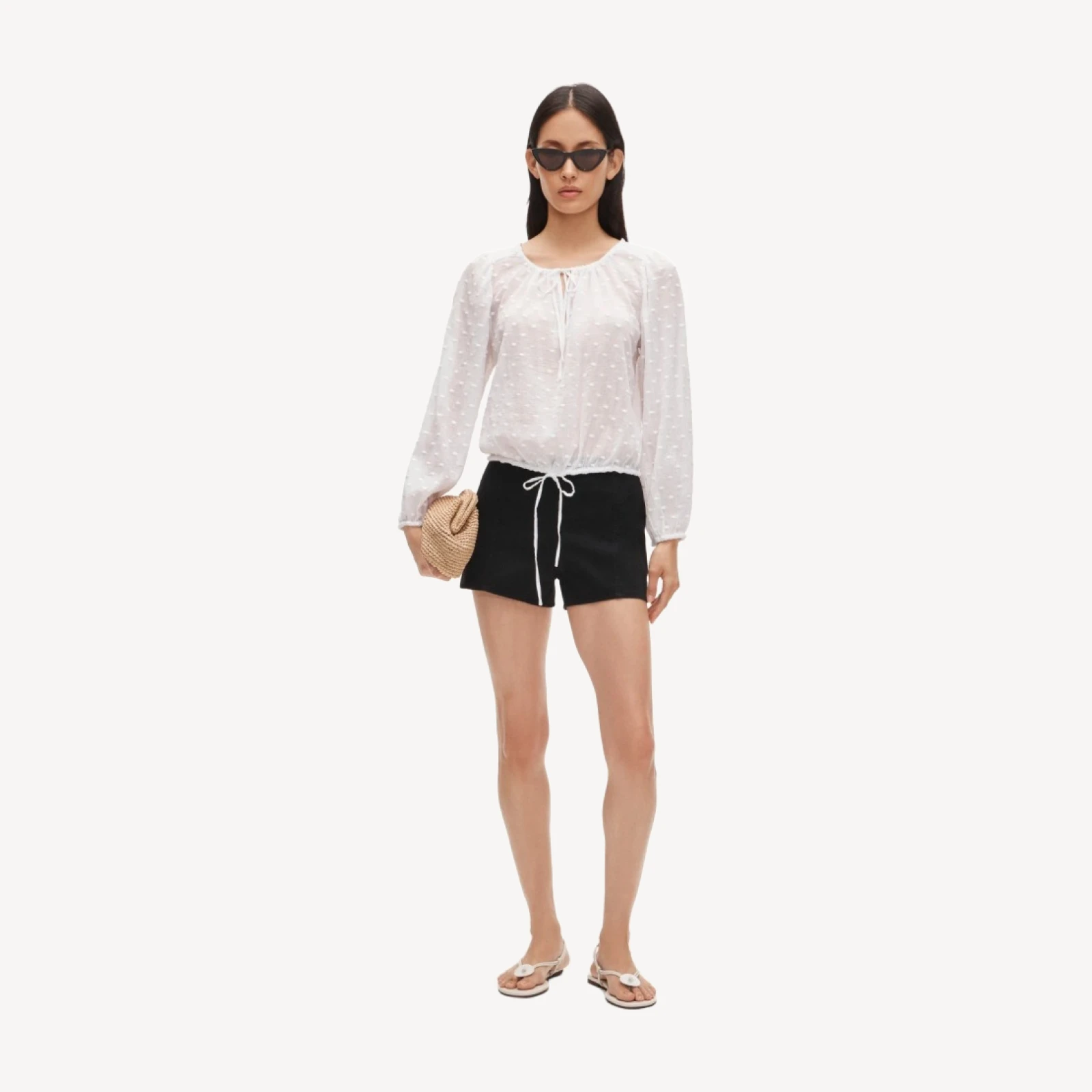Drawstring-waist top in featherweight voile dot print