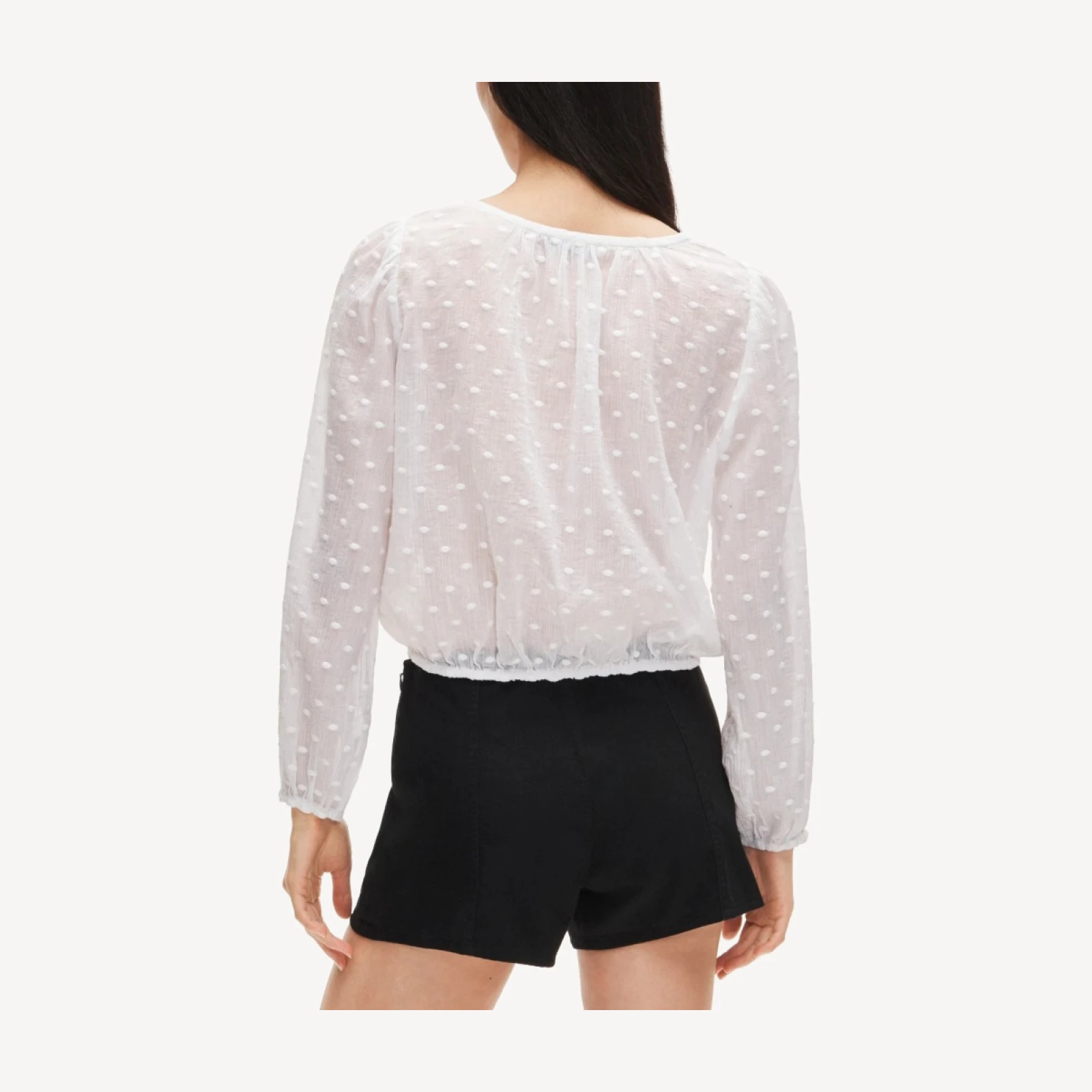 Drawstring-waist top in featherweight voile dot print