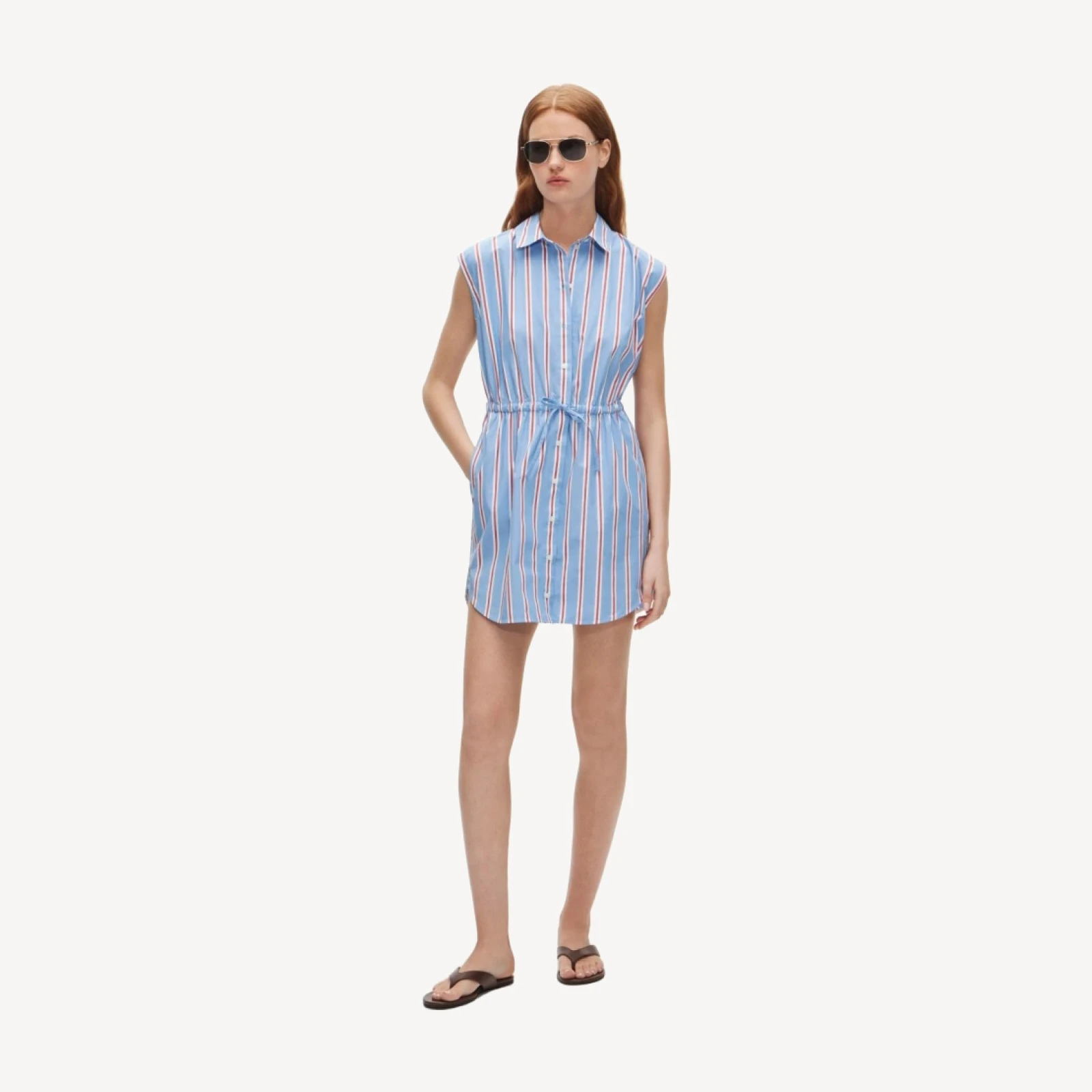 Cap-sleeve shirt-dress in striped cotton poplin