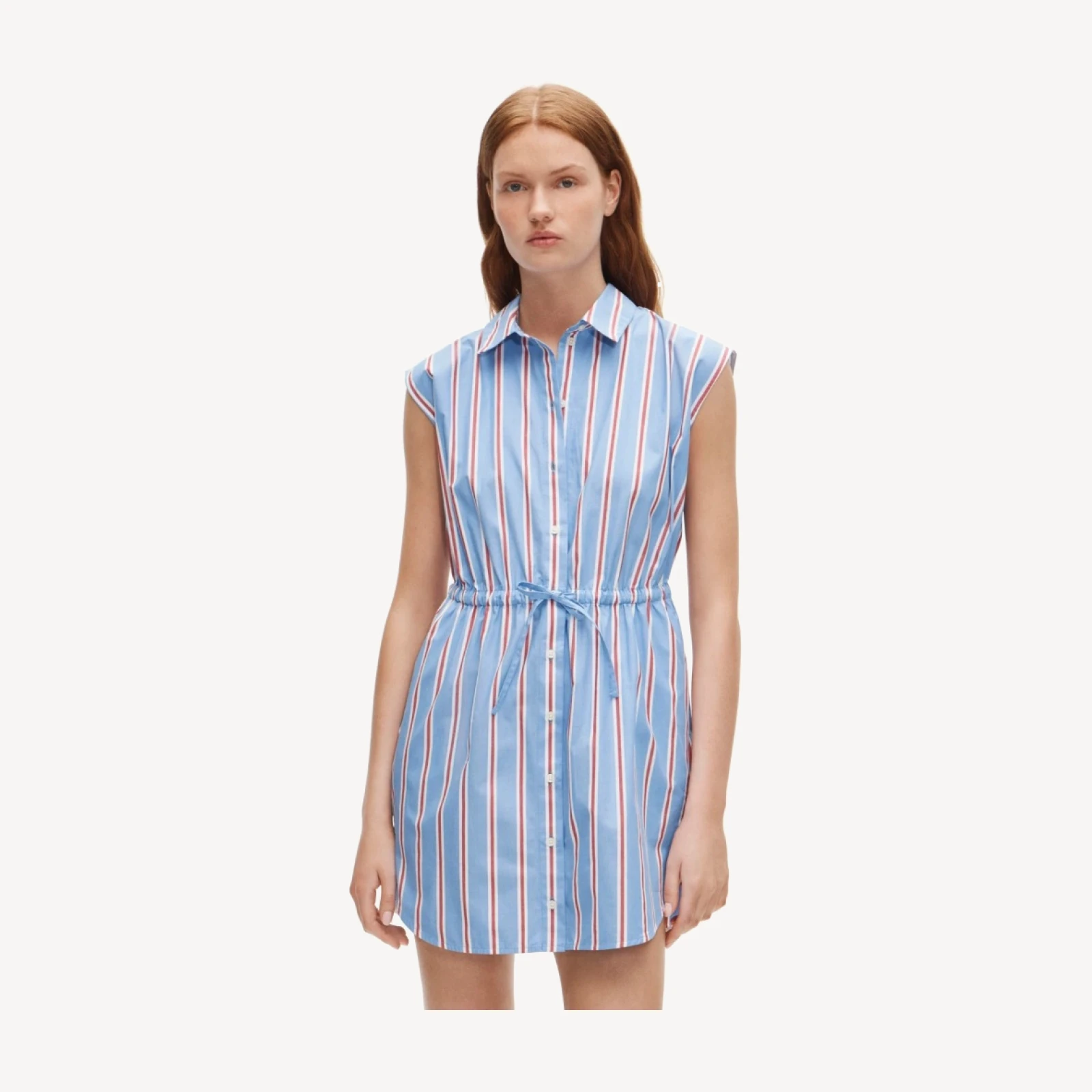 Cap-sleeve shirt-dress in striped cotton poplin