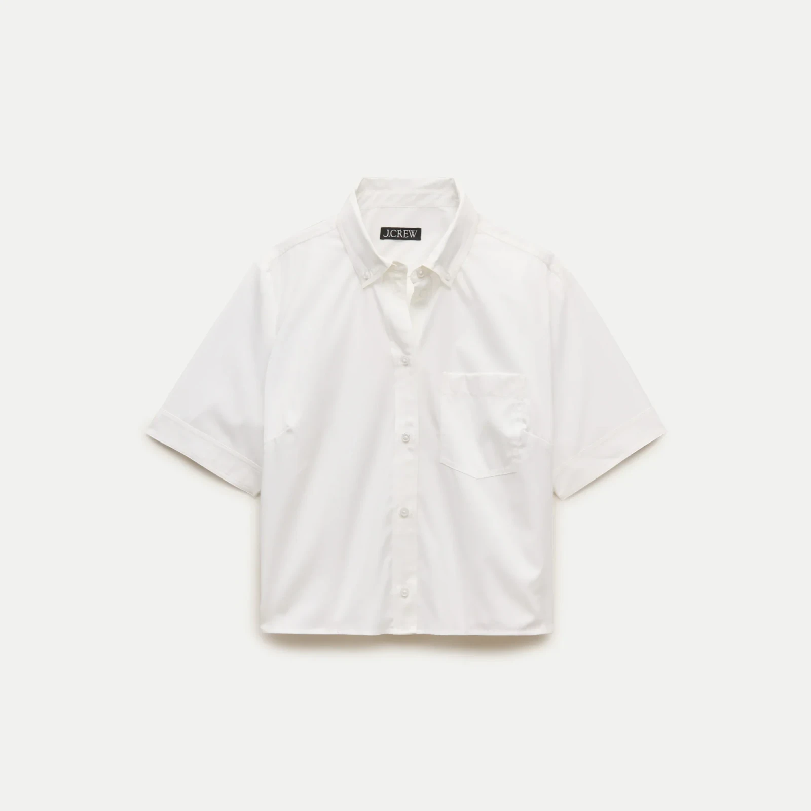 Cropped button-up short-sleeve shirt in cotton poplin
