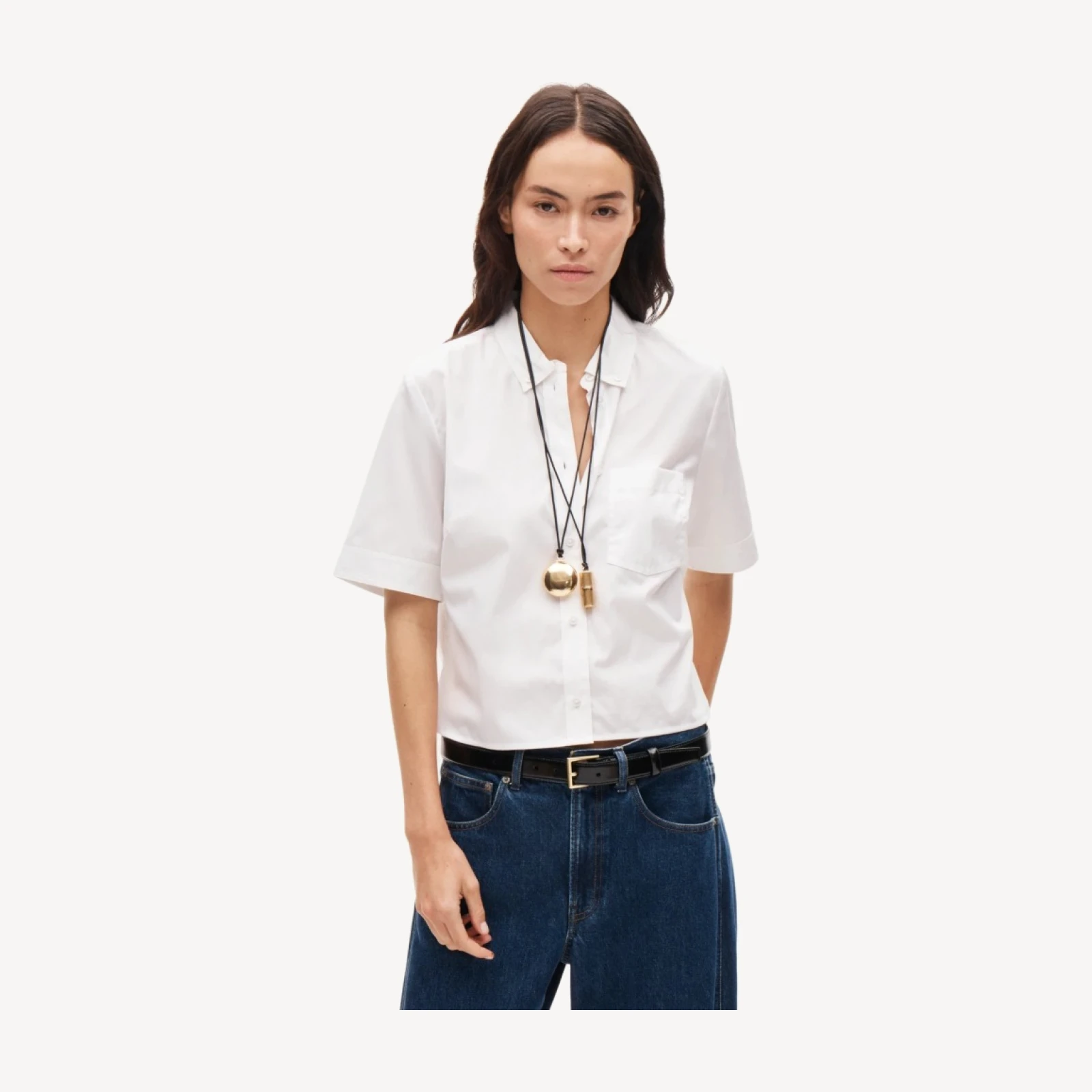 Cropped button-up short-sleeve shirt in cotton poplin