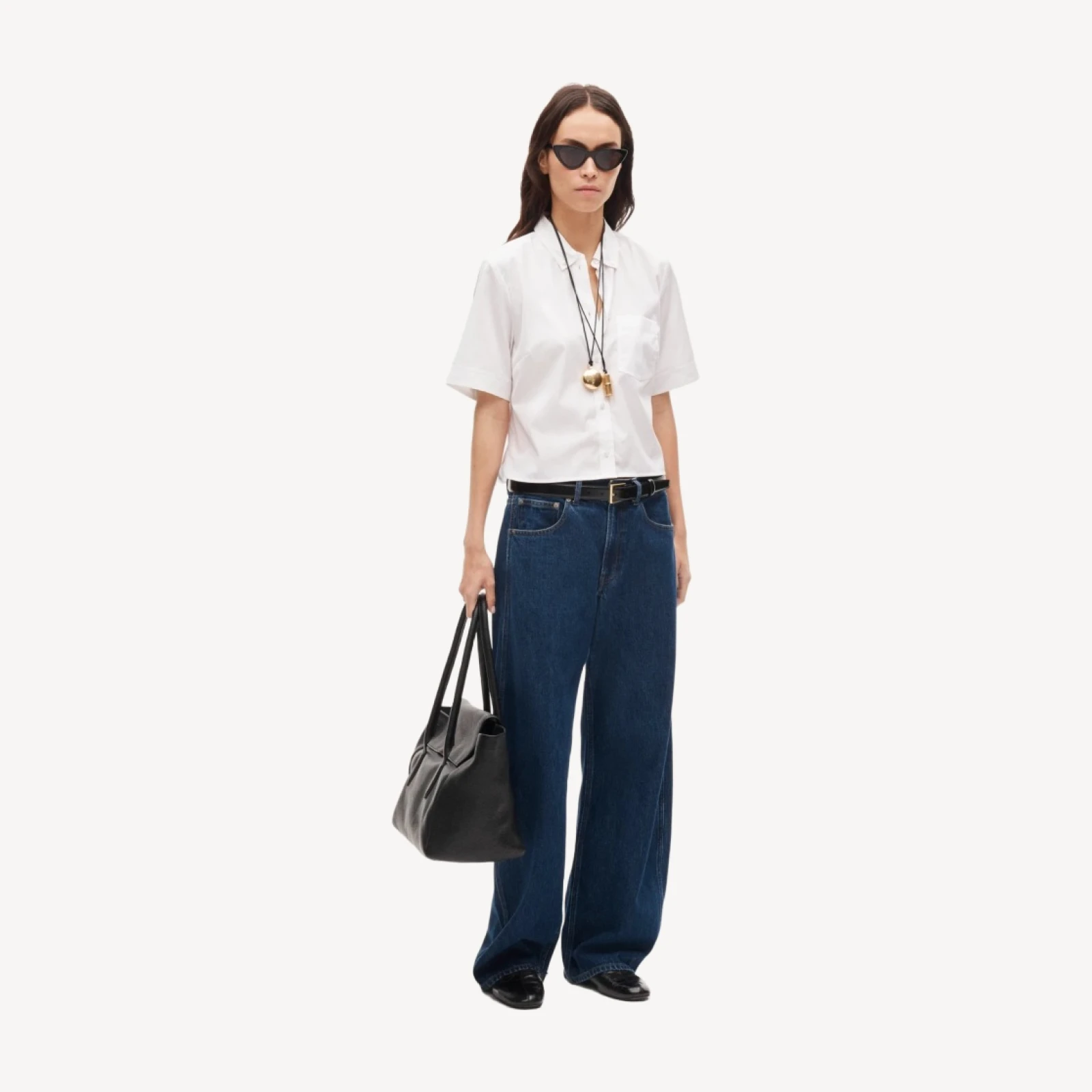 Cropped button-up short-sleeve shirt in cotton poplin