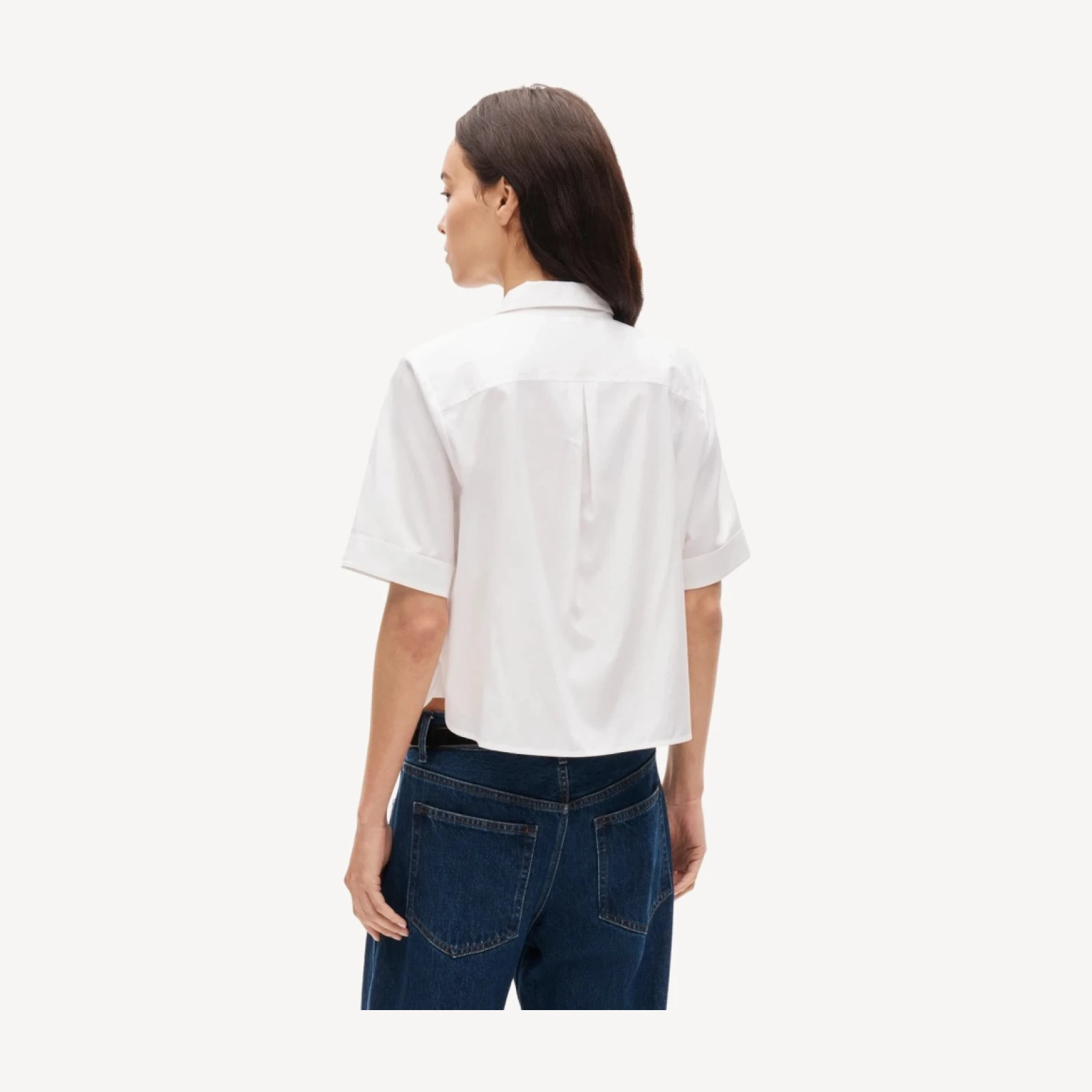 Cropped button-up short-sleeve shirt in cotton poplin