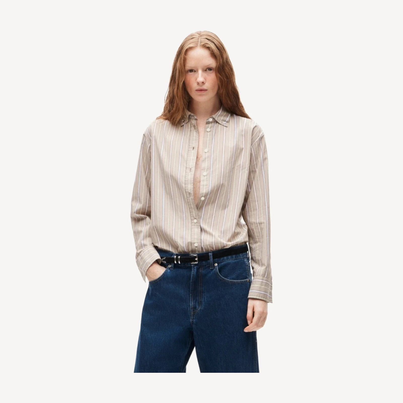 Eckhaus Latta x J.Crew overlap button-down shirt in striped cotton poplin