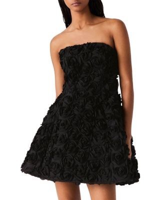 Maje Riflow Satin Floral Strapless Dress