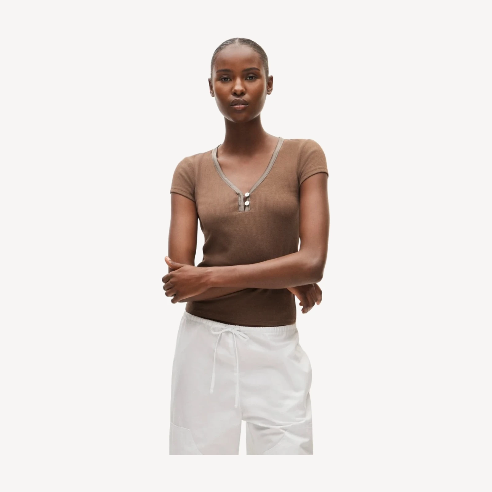 Perfect rib V-neck henley with satin trim