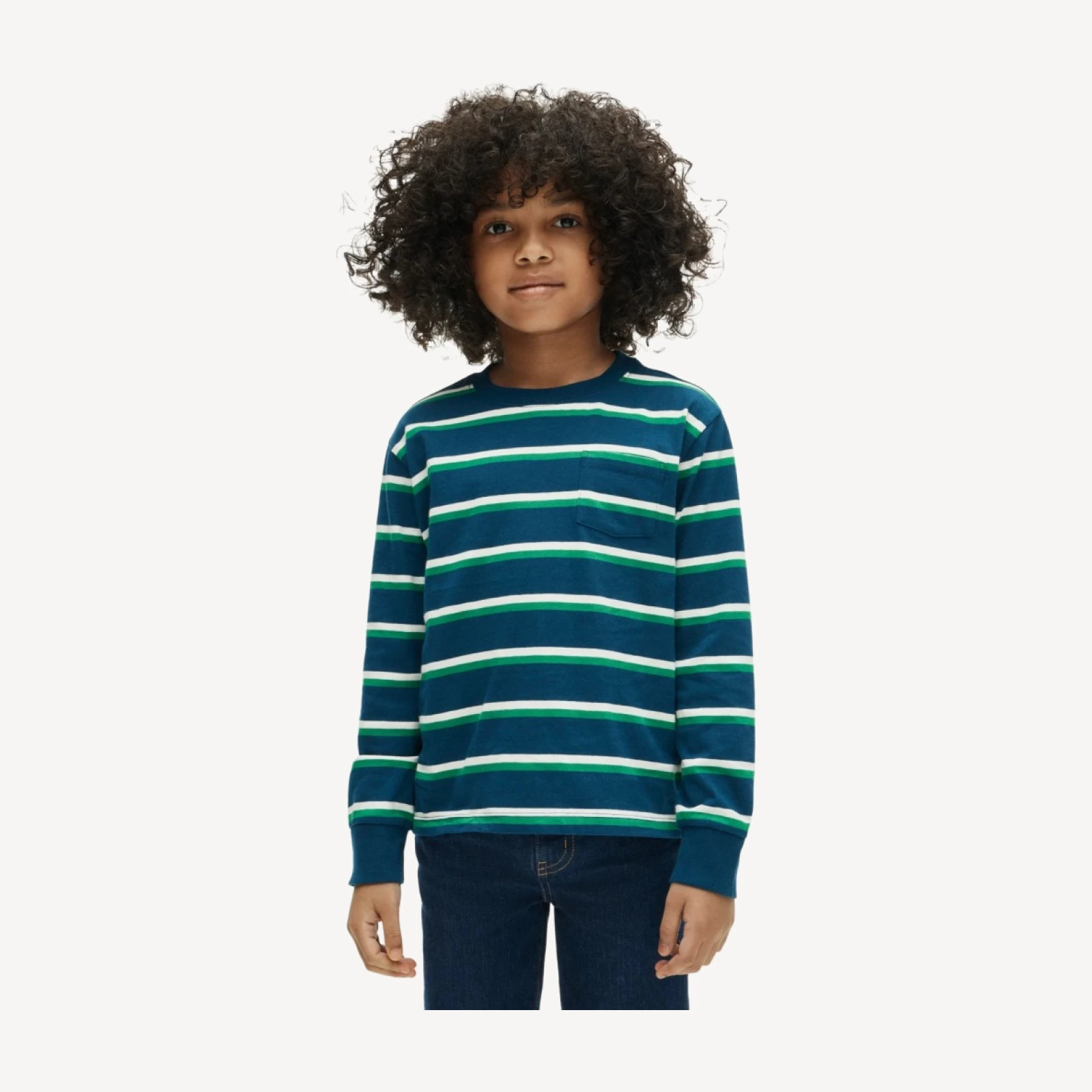 Kids' long-sleeve pocket T-shirt in striped broken-in jersey