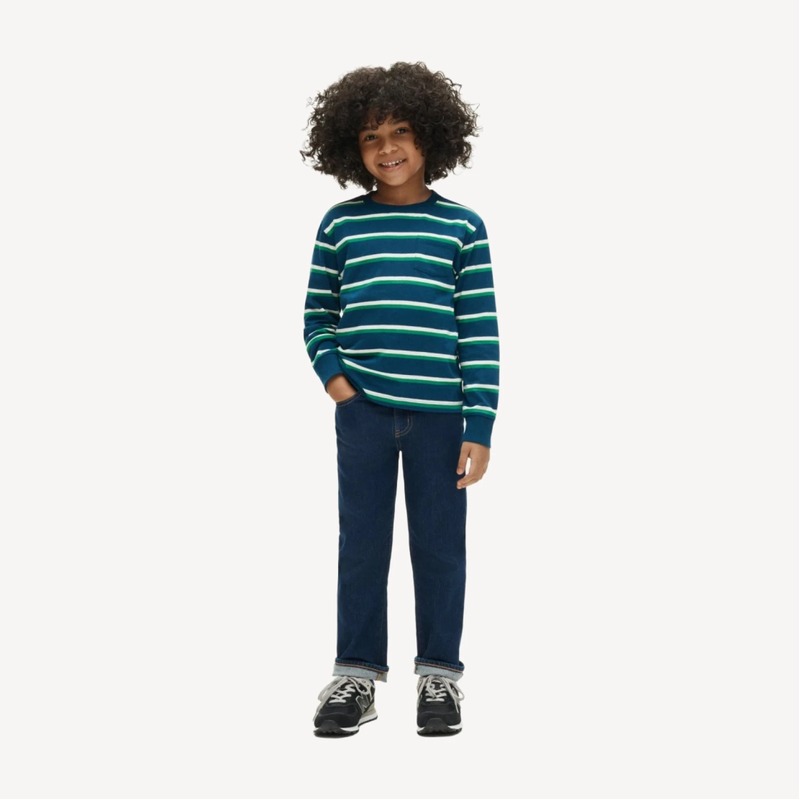 Kids' long-sleeve pocket T-shirt in striped broken-in jersey