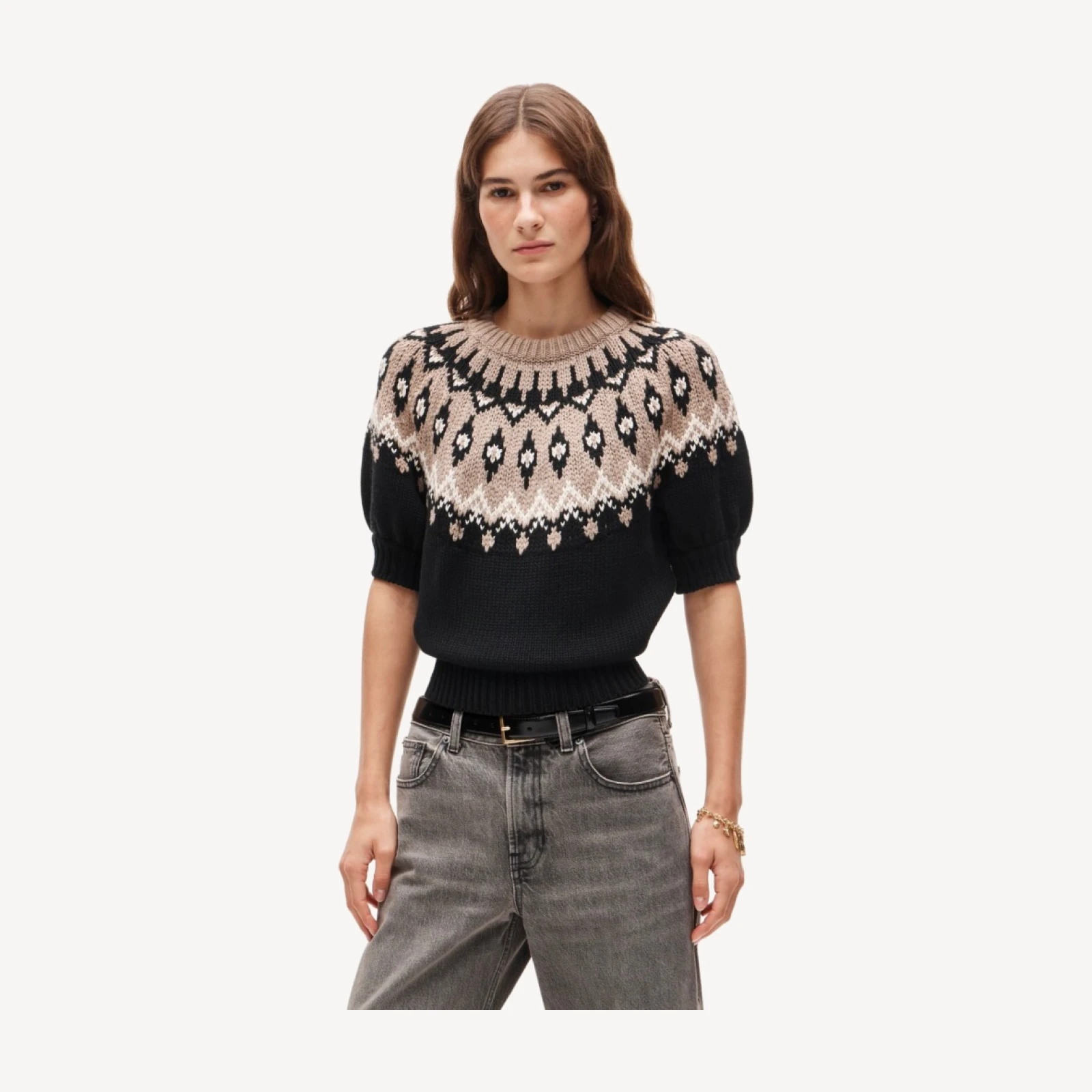 Short-sleeve Fair Isle sweater in cotton