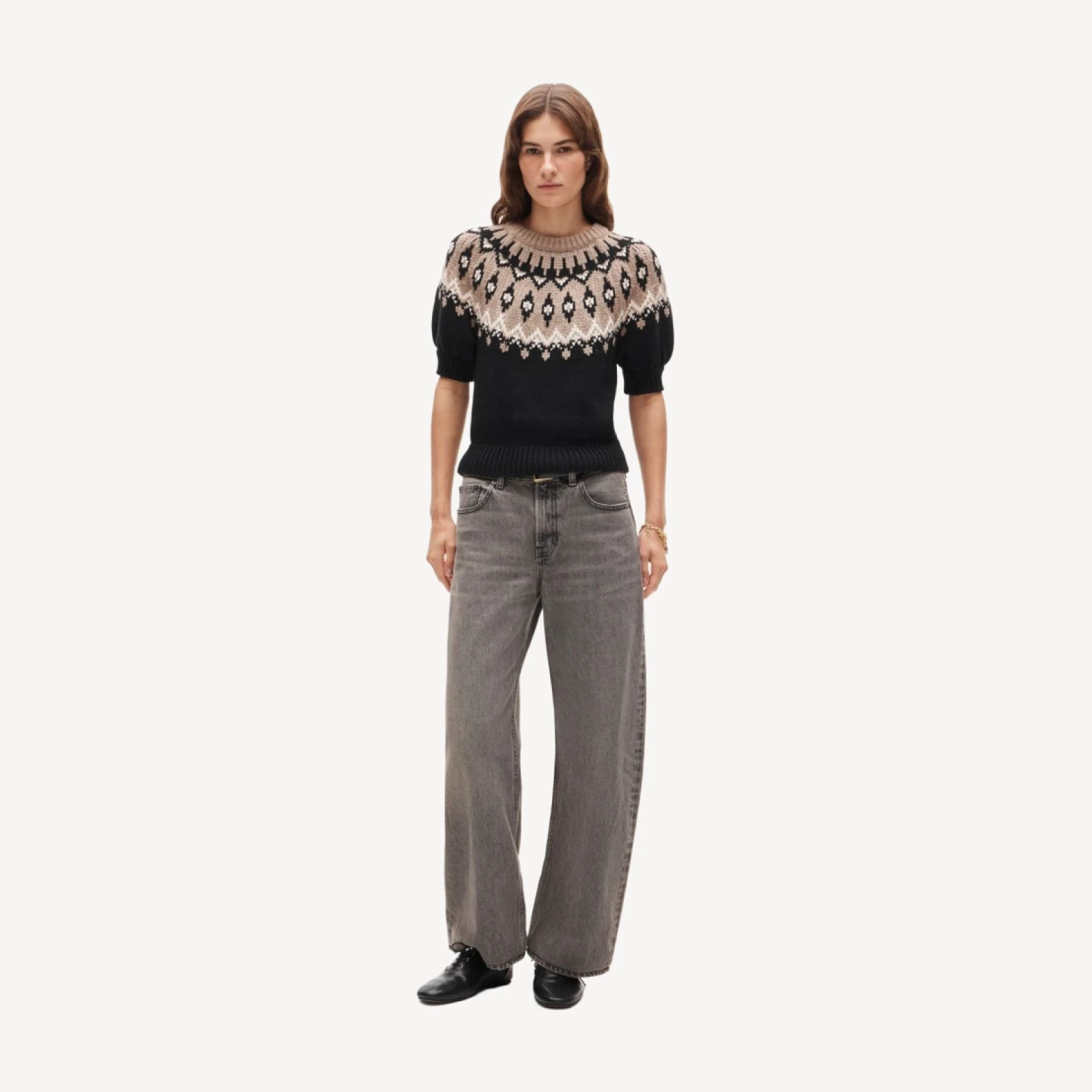 Short-sleeve Fair Isle sweater in cotton