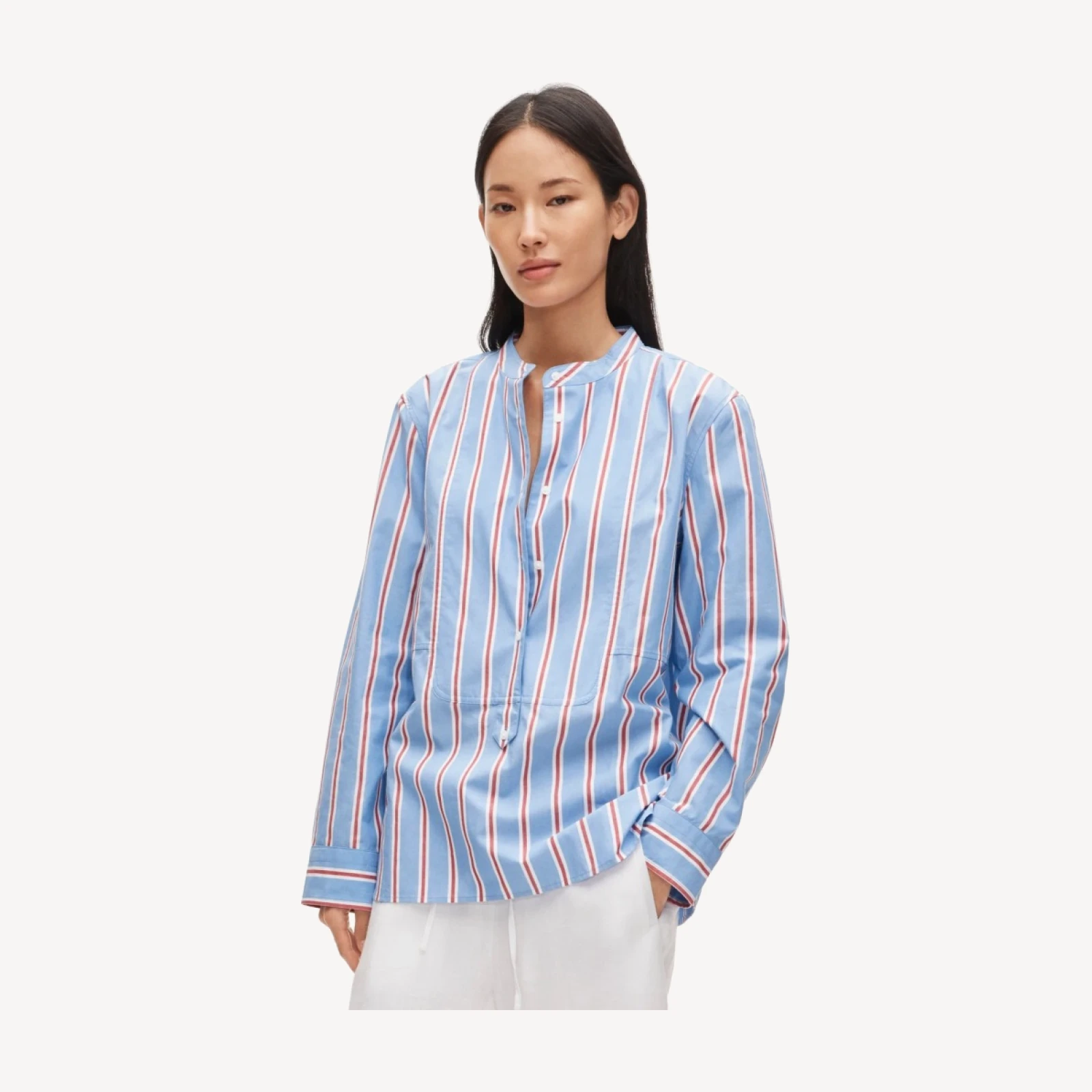 Tuxedo-bib button-up in striped cotton poplin