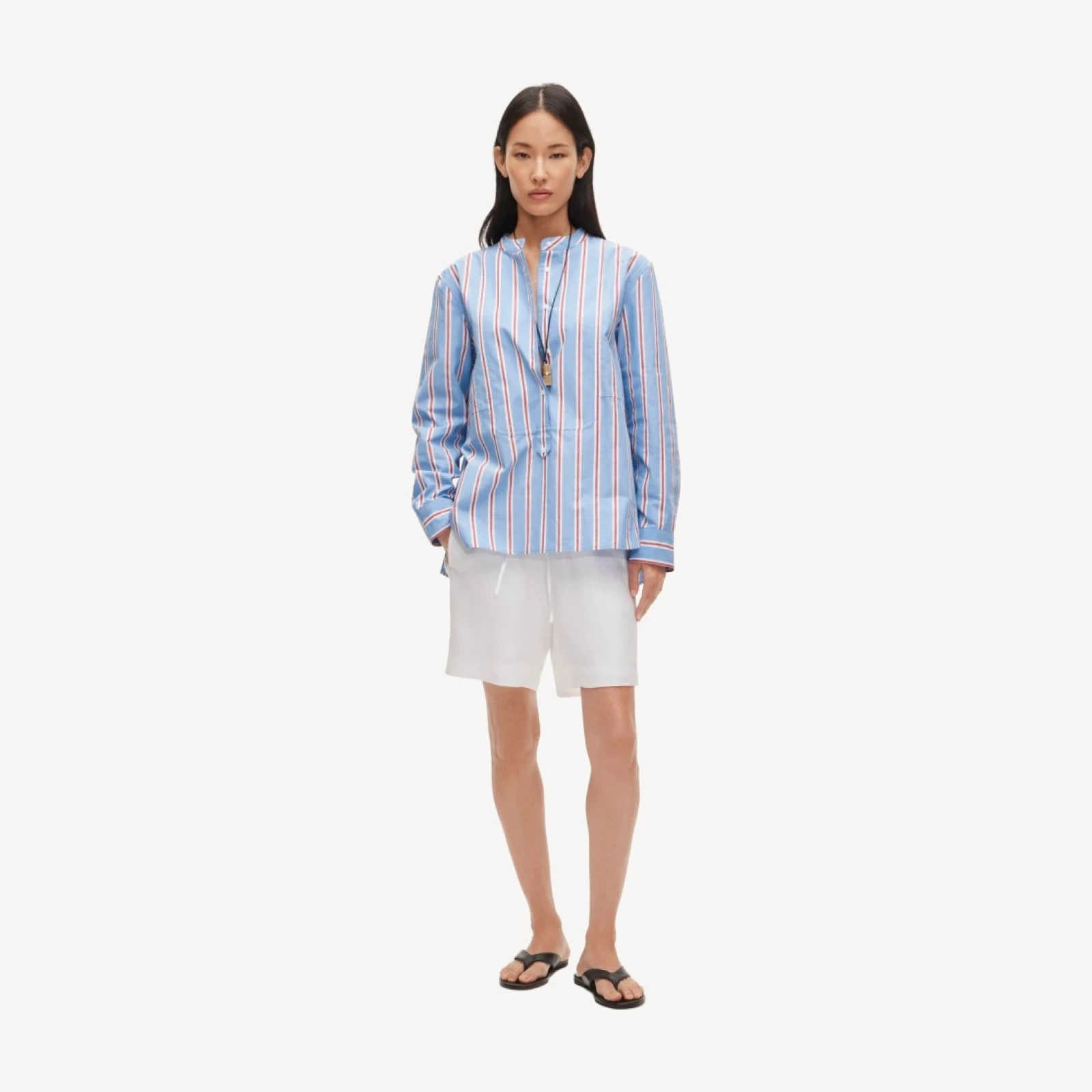 Tuxedo-bib button-up in striped cotton poplin