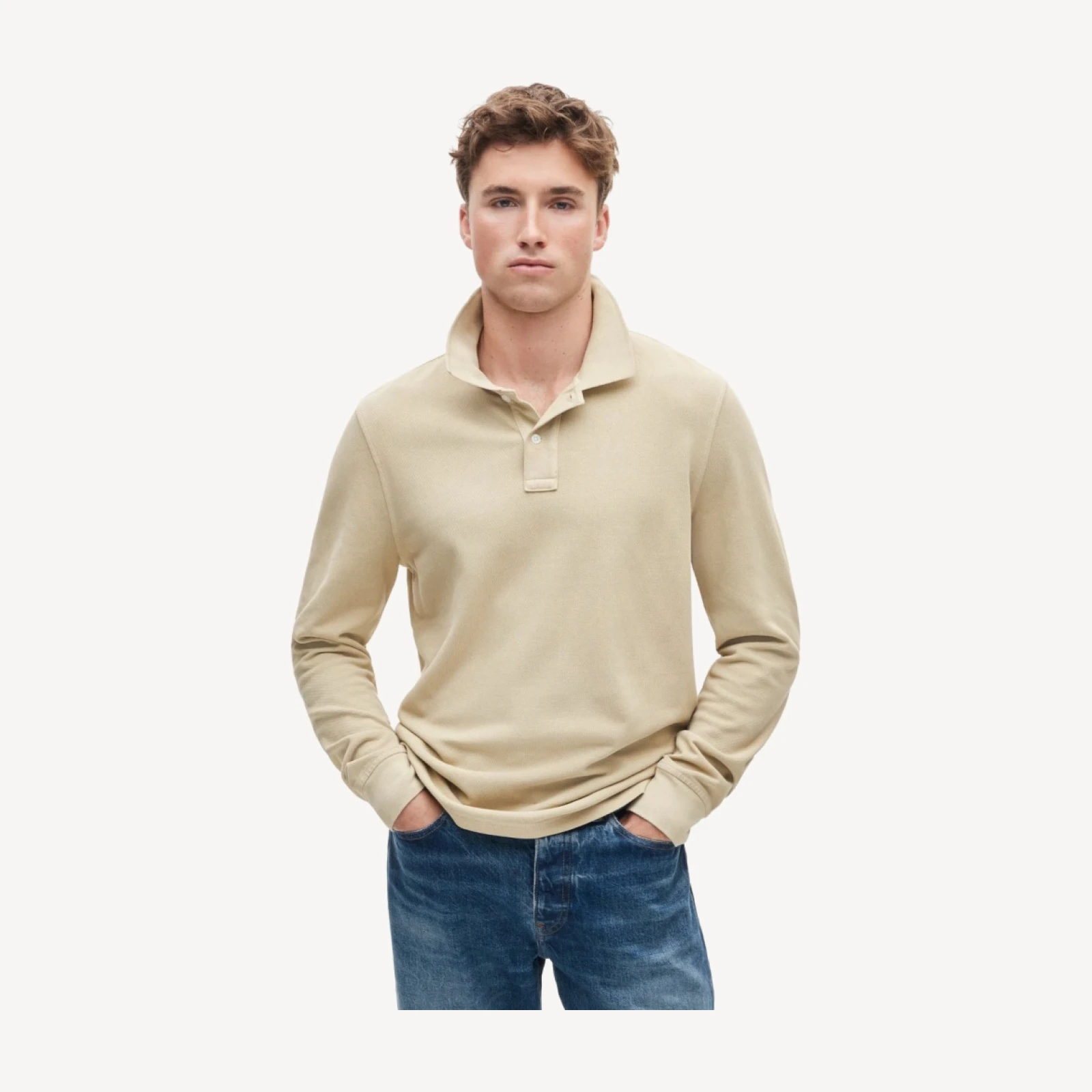 Long-sleeve washed piqué polo shirt