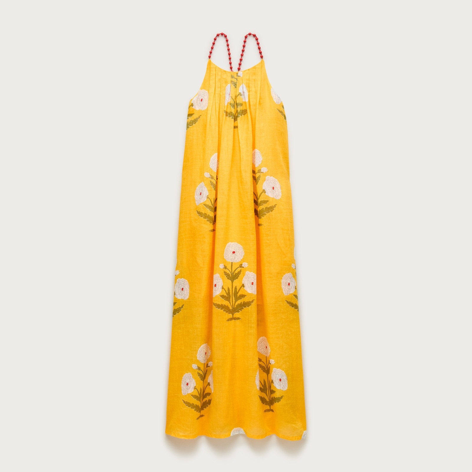 Beaded-strap dress in marigold block-print ramie
